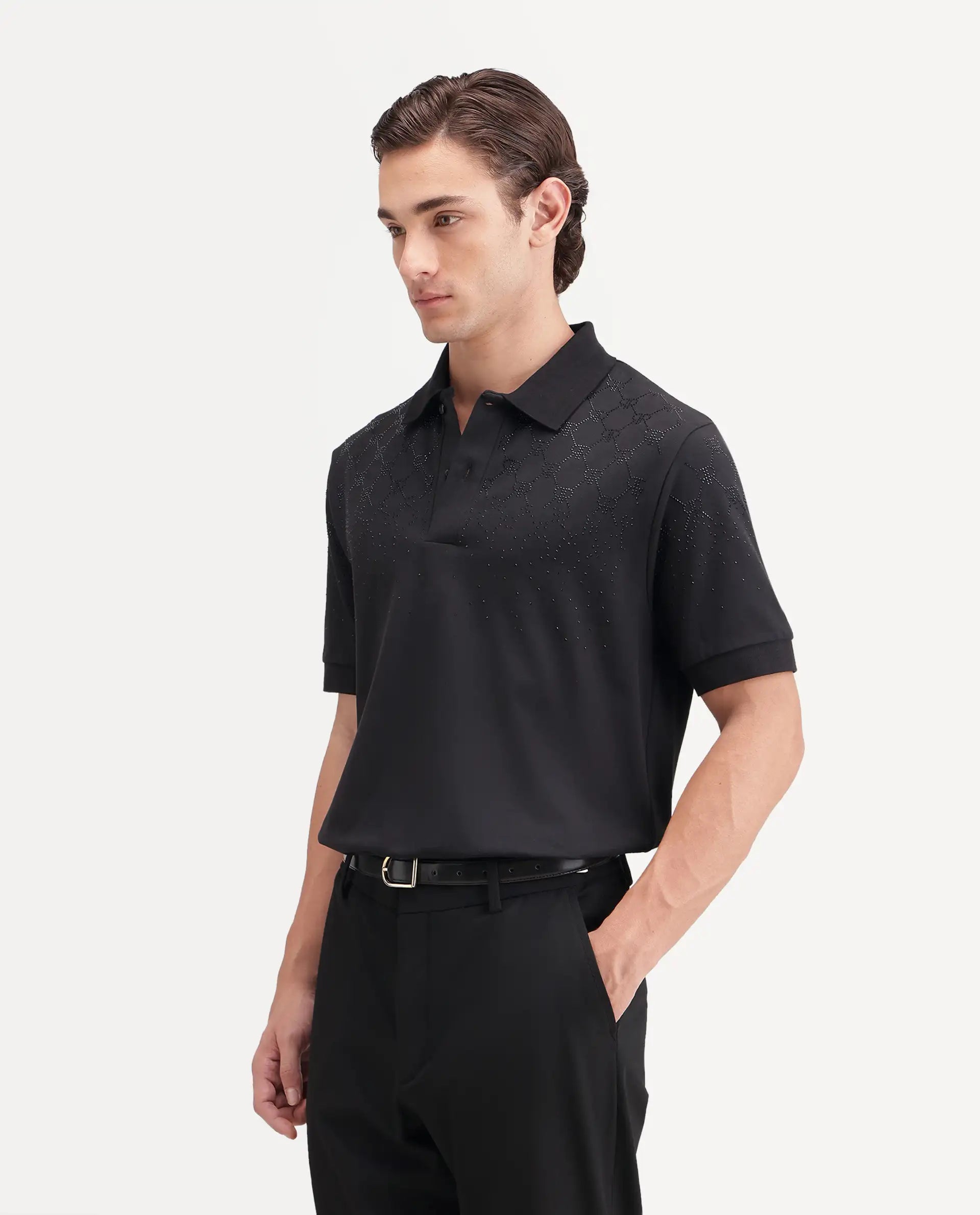 Rare Rabbit Men's Jen Black Cotton Blend Spread Collar Regular Monogram Polo