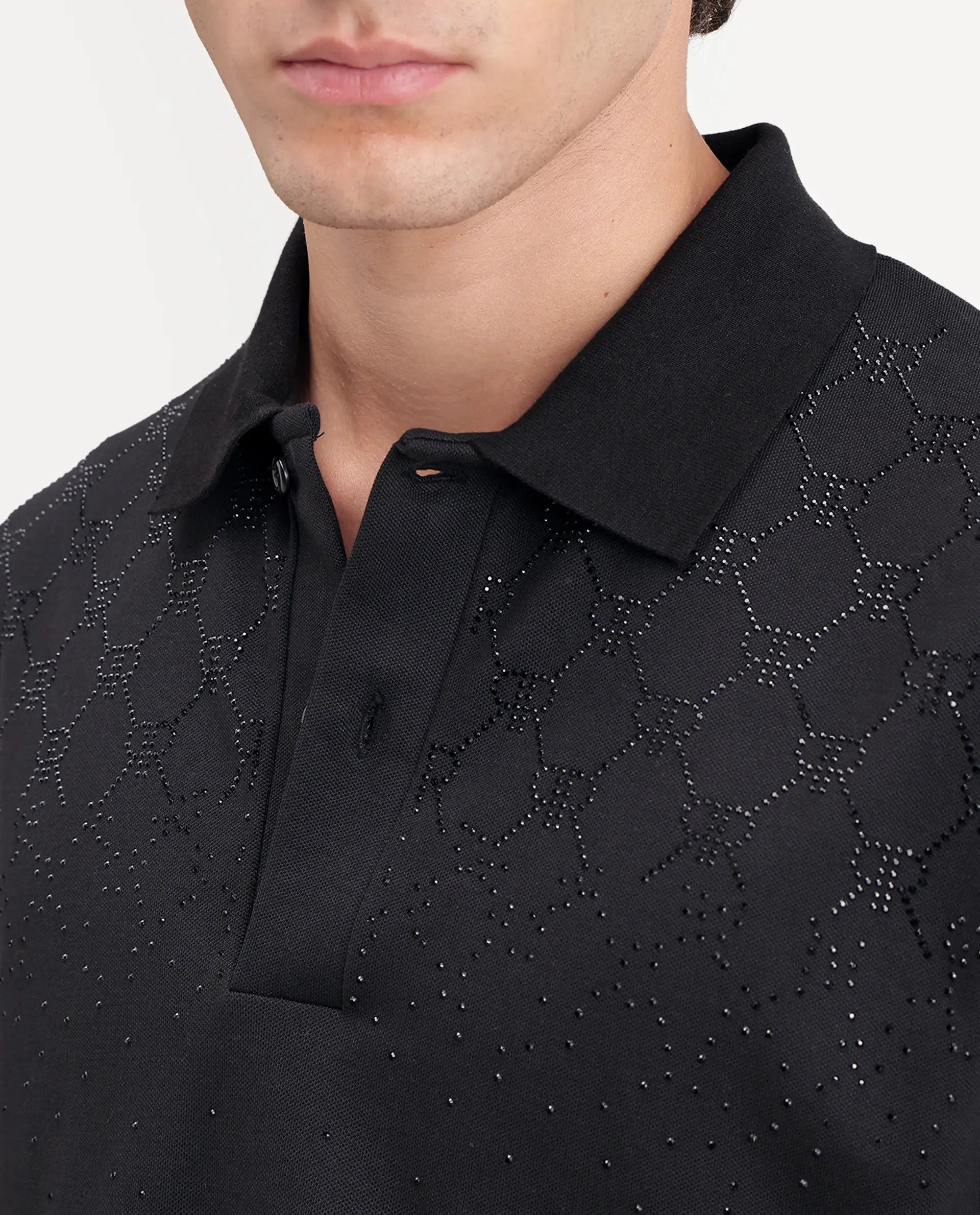 Rare Rabbit Men's Jen Black Cotton Blend Spread Collar Regular Monogram Polo