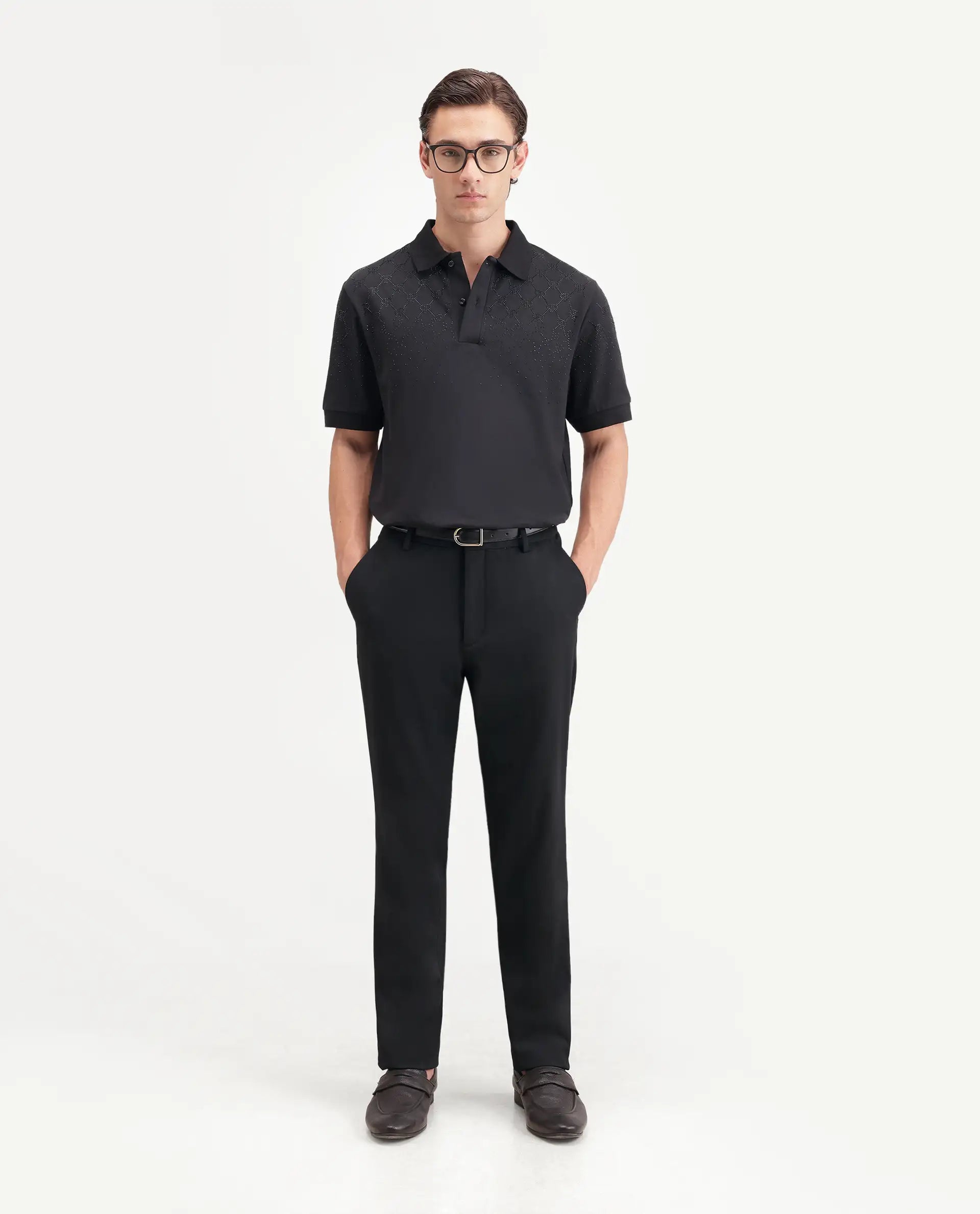 Rare Rabbit Men's Jen Black Cotton Blend Spread Collar Regular Monogram Polo