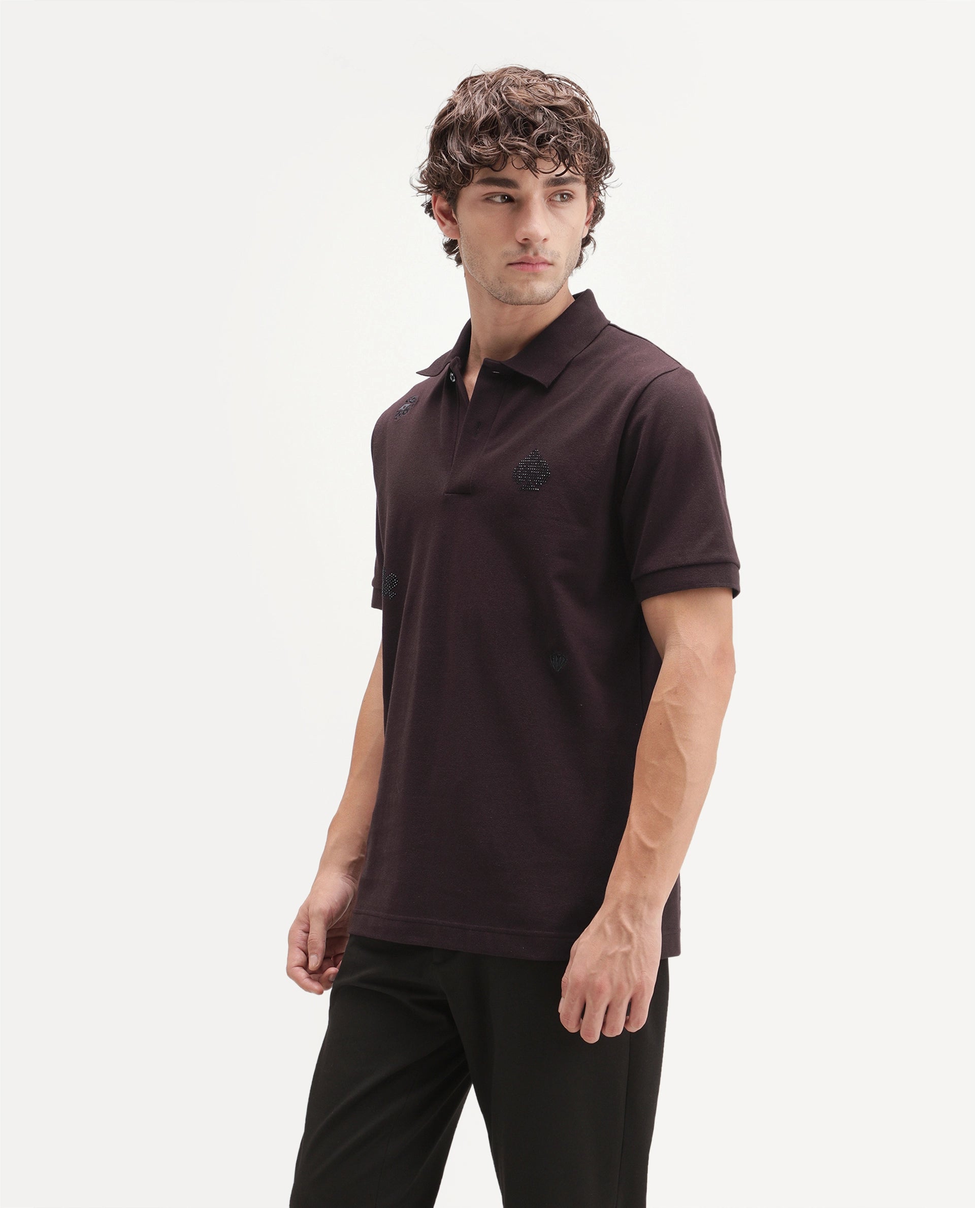Rare Rabbit Men's Sven Dark Maroon Cotton Blend Spread Collar Regular Embroidered Polo