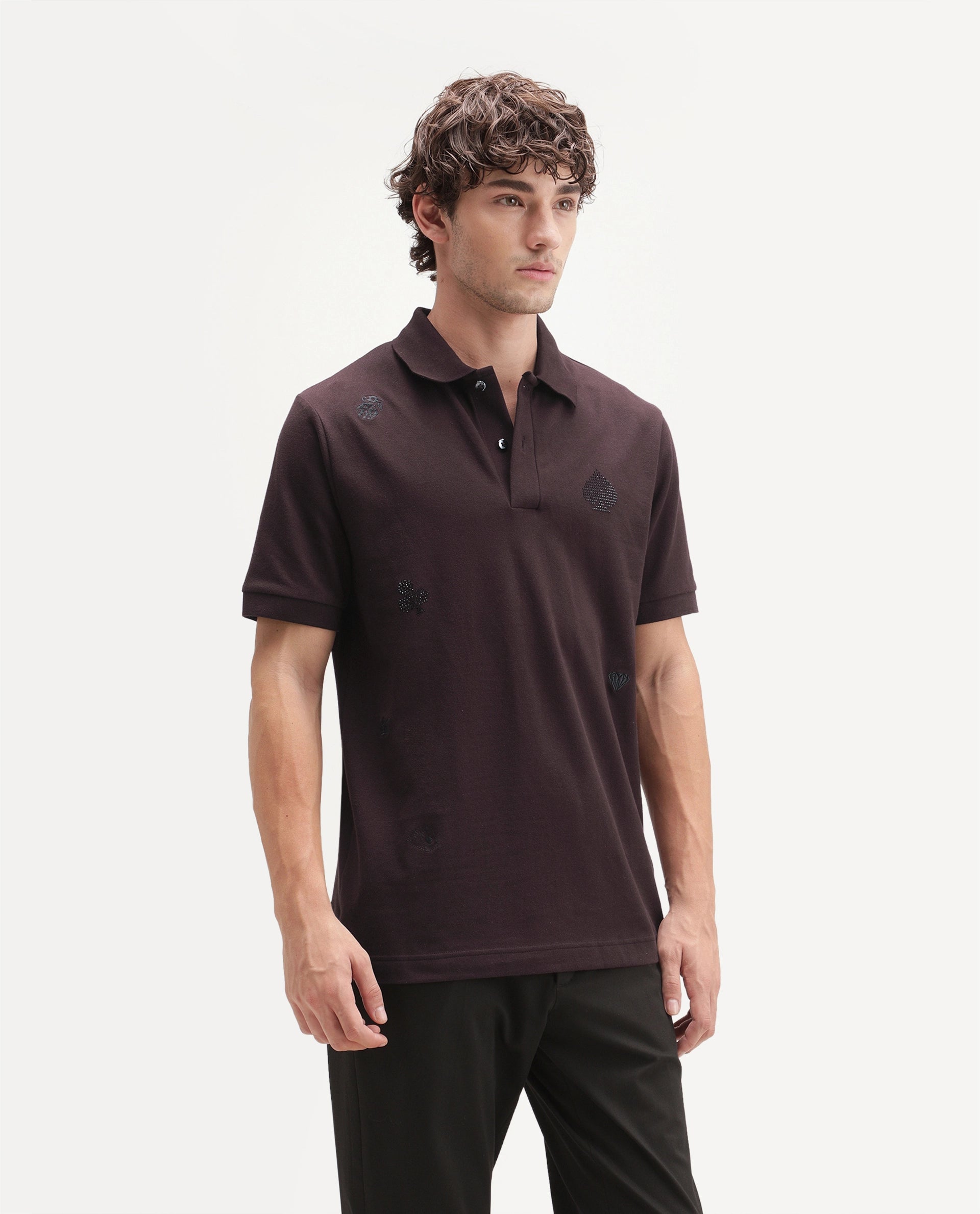 Rare Rabbit Men's Sven Dark Maroon Cotton Blend Spread Collar Regular Embroidered Polo