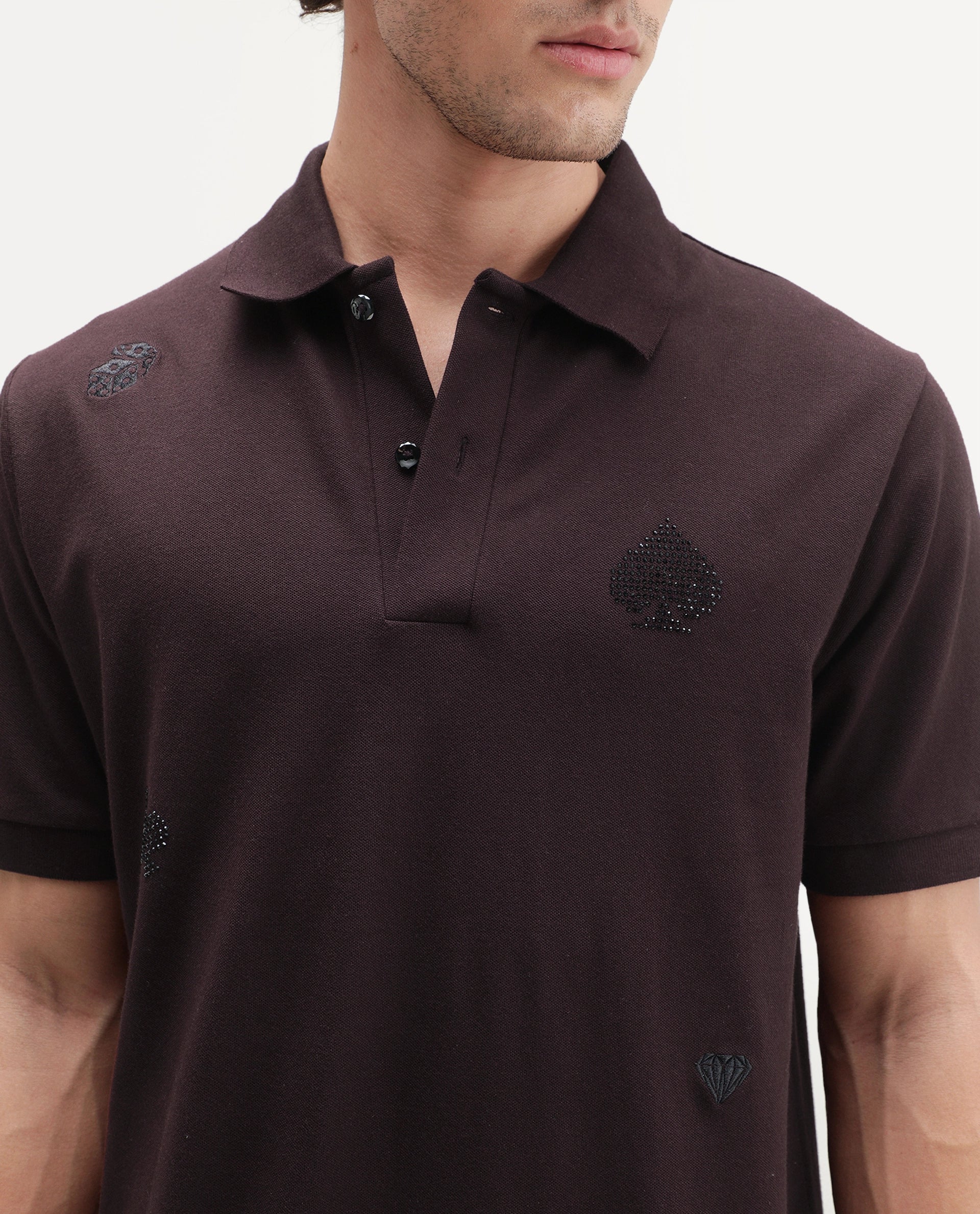 Rare Rabbit Men's Sven Dark Maroon Cotton Blend Spread Collar Regular Embroidered Polo