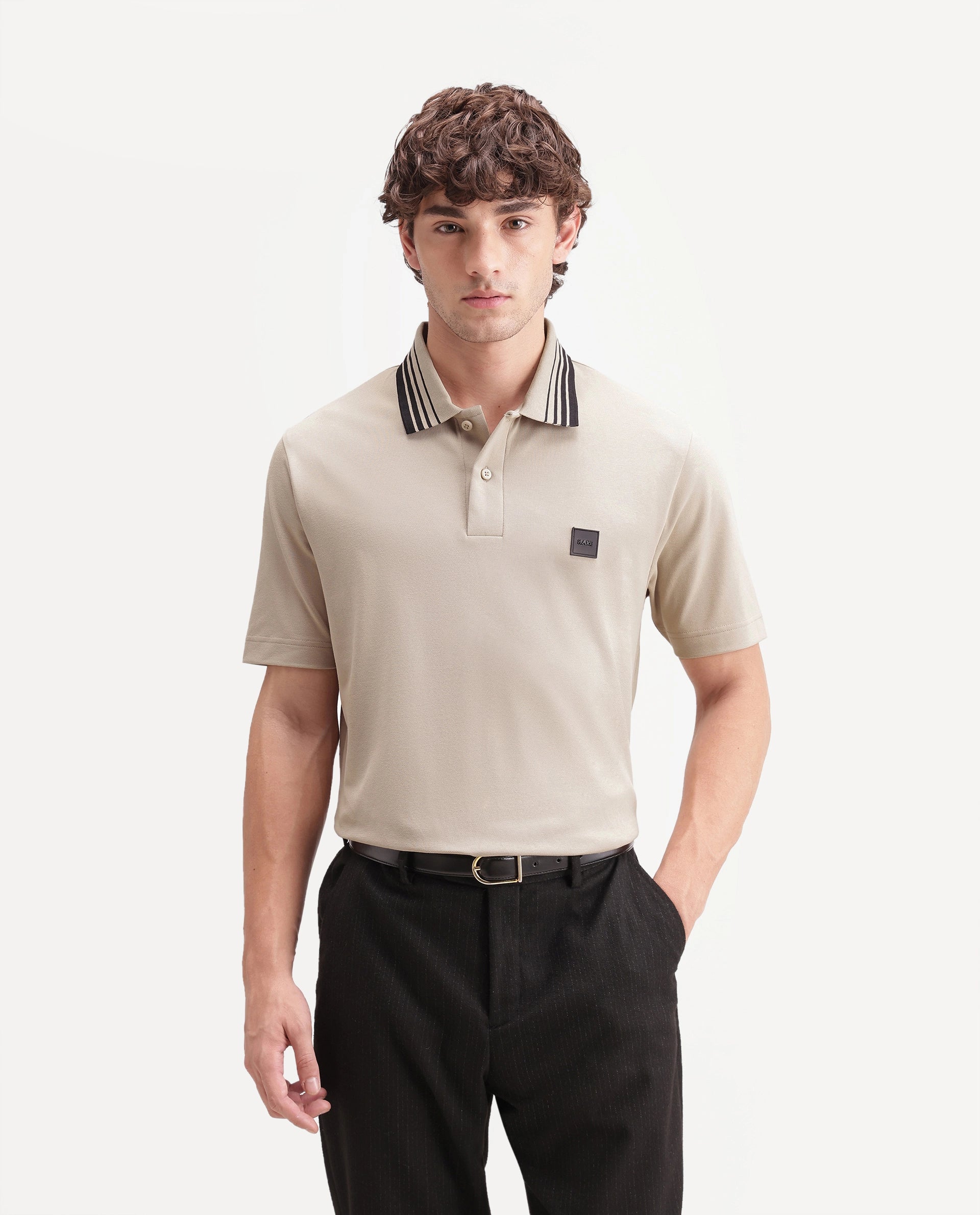 Rare Rabbit Men's Elio Beige Cotton Blend Spread Collar Regular Plain Polo