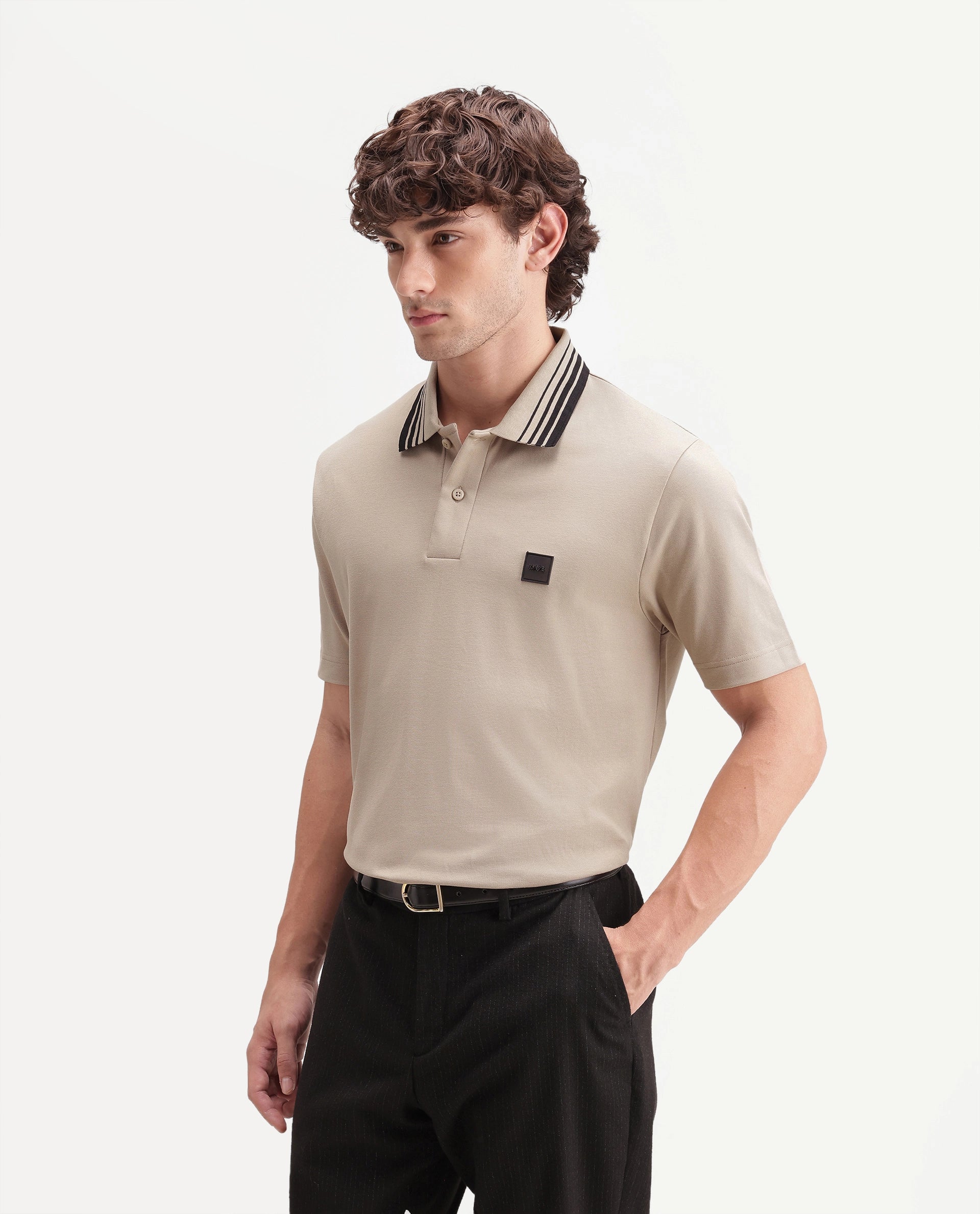 Rare Rabbit Men's Elio Beige Cotton Blend Spread Collar Regular Plain Polo