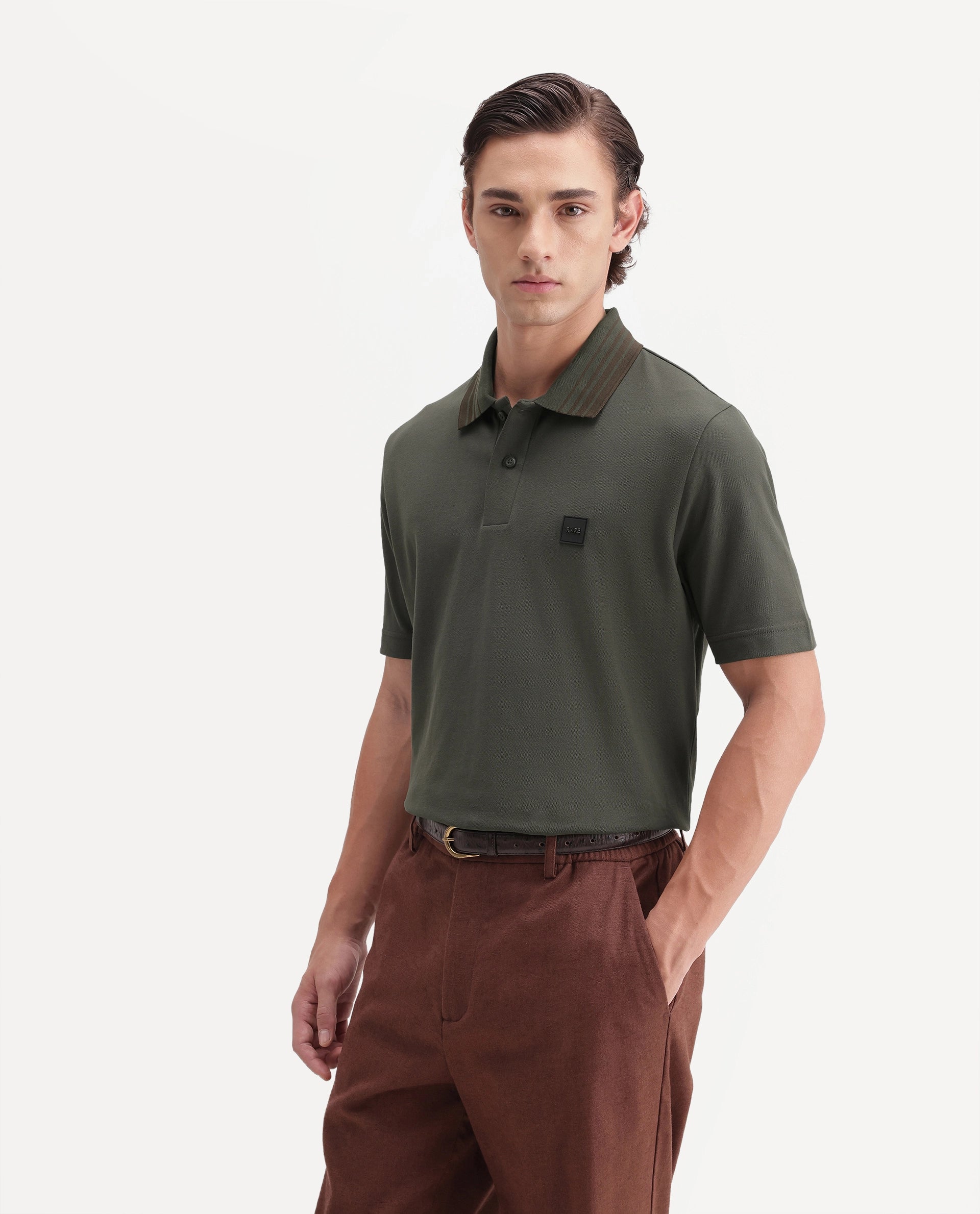 Rare Rabbit Men's Elio Olive Cotton Blend Spread Collar Regular Plain Polo