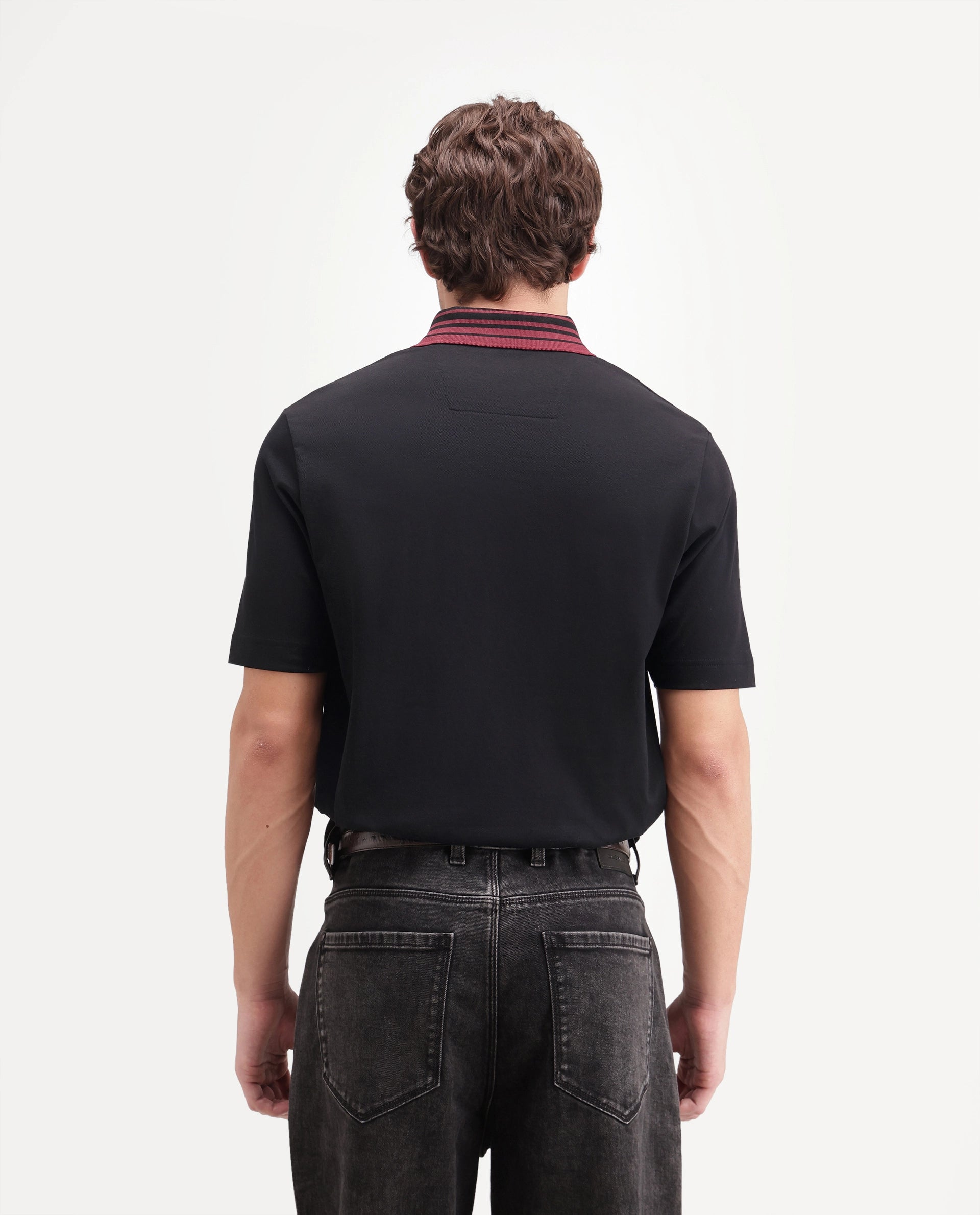 Rare Rabbit Men's Elio Black Cotton Blend Spread Collar Regular Plain Polo