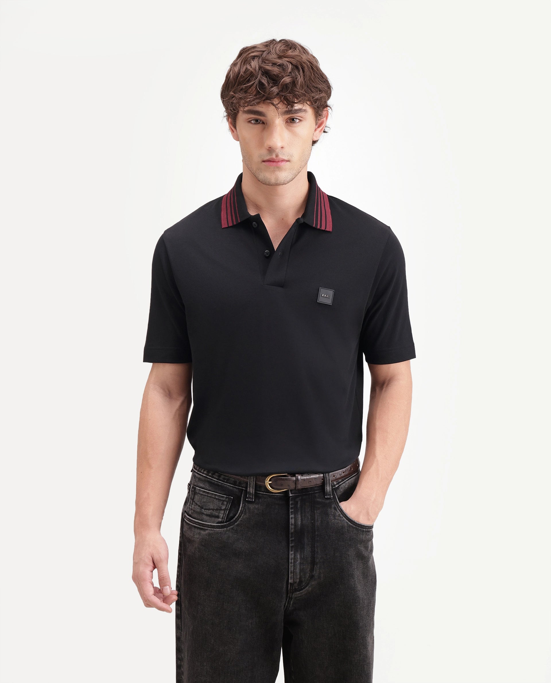 Rare Rabbit Men's Elio Black Cotton Blend Spread Collar Regular Plain Polo