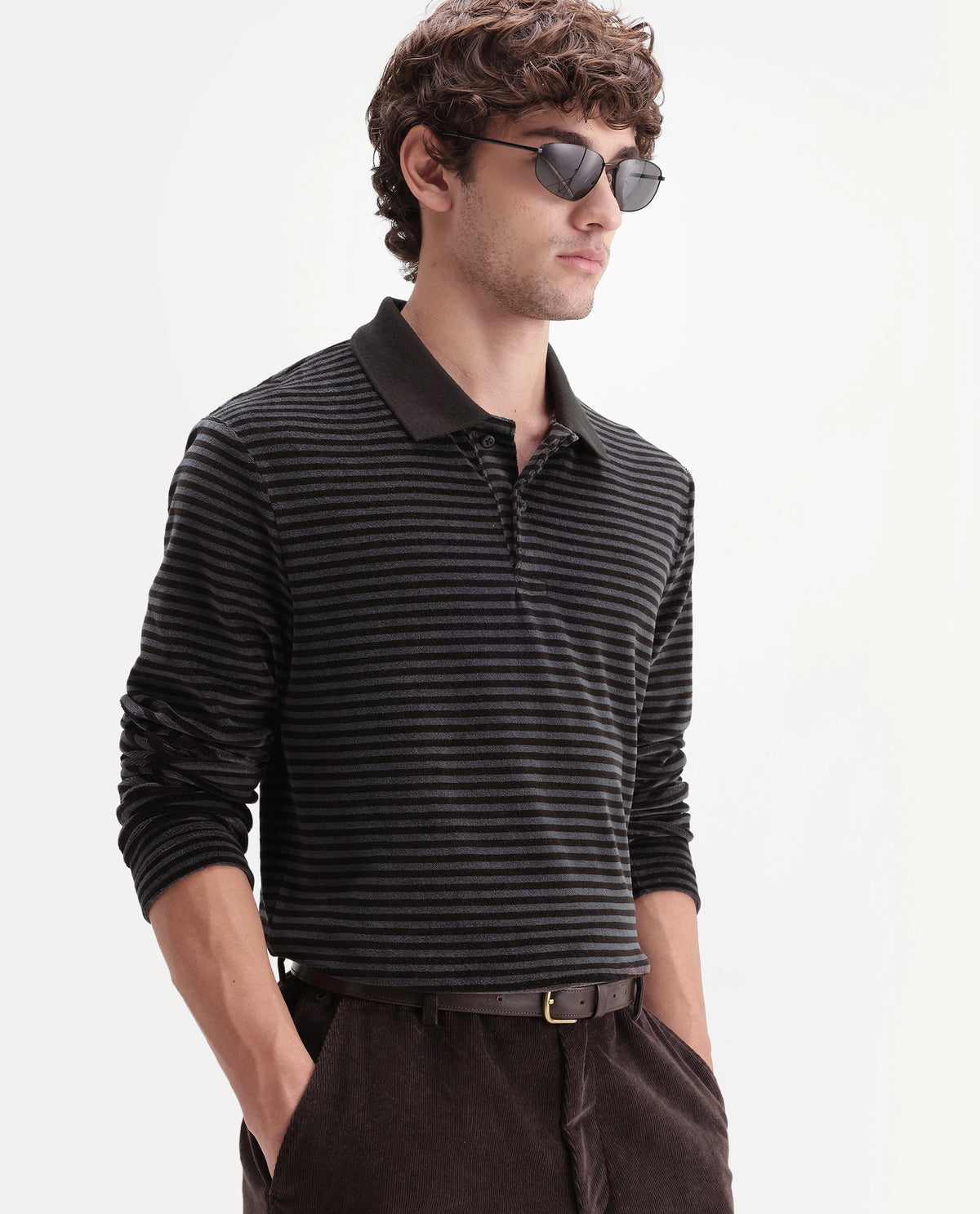 Rare Rabbit Men's Couv Brown Cotton Blend Spread Collar Regular Striped Polo