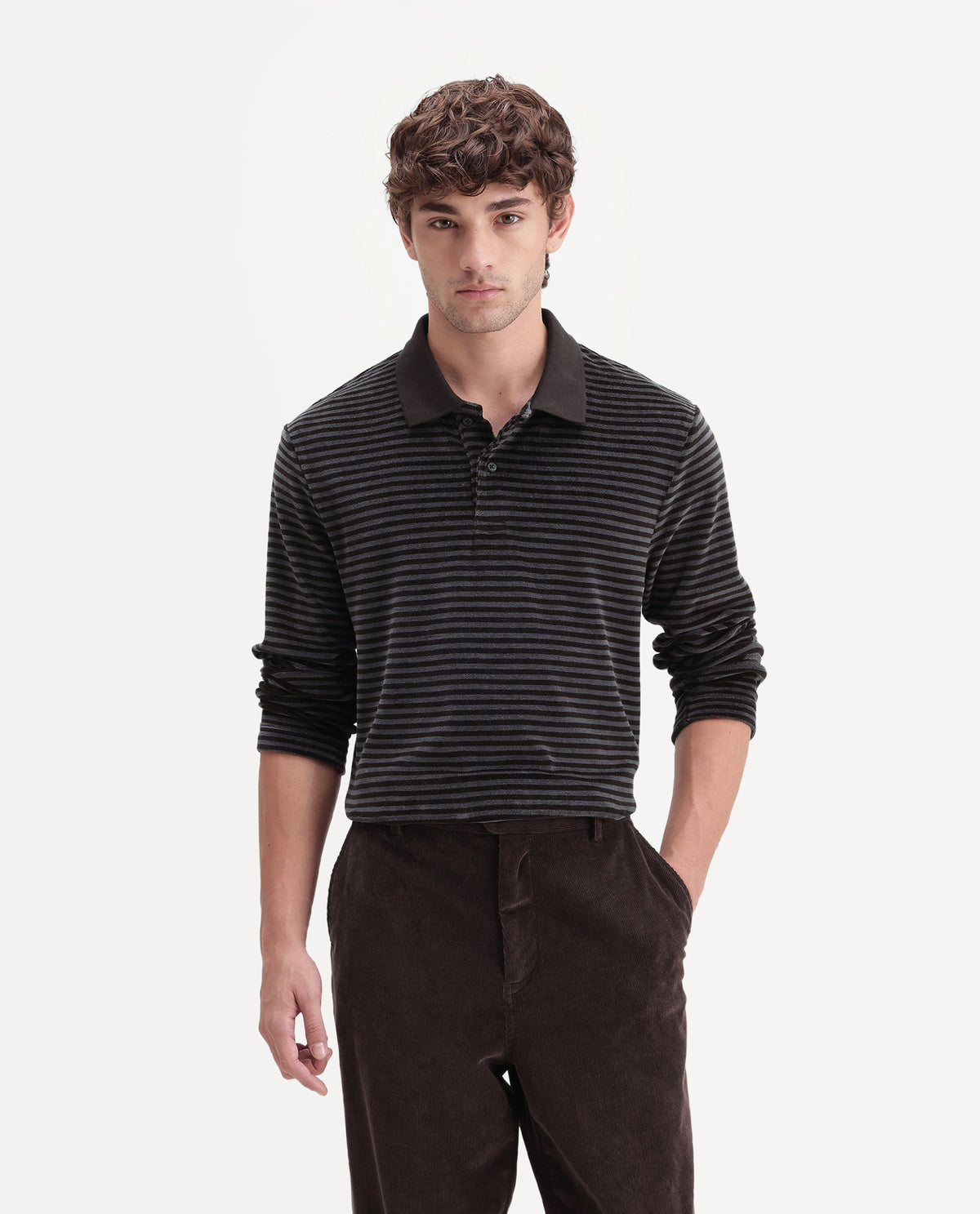 Rare Rabbit Men's Couv Brown Cotton Blend Spread Collar Regular Striped Polo