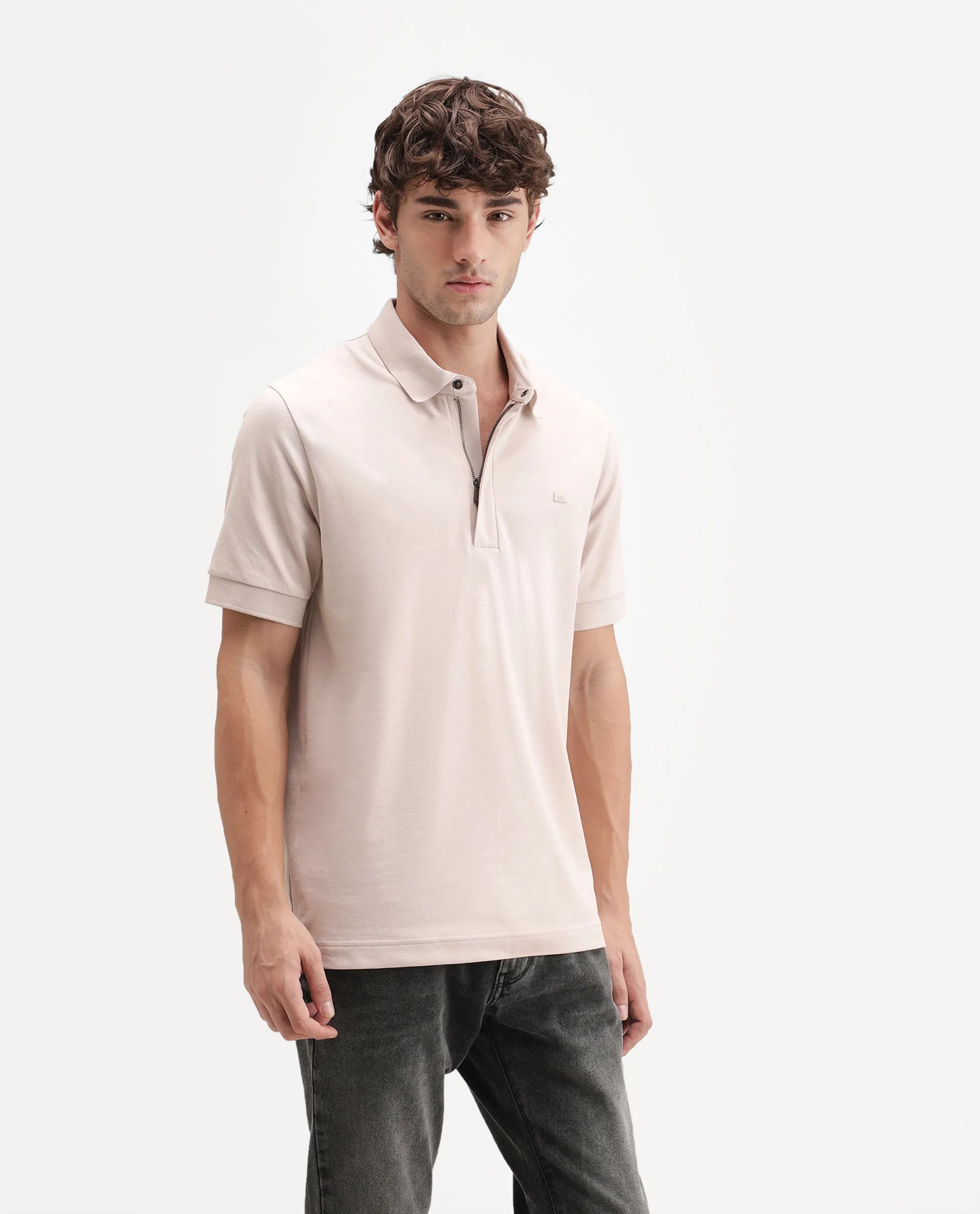 Rare Rabbit Men's Salis-A26 Light Beige Cotton Blend Spread Collar Regular Plain Polo