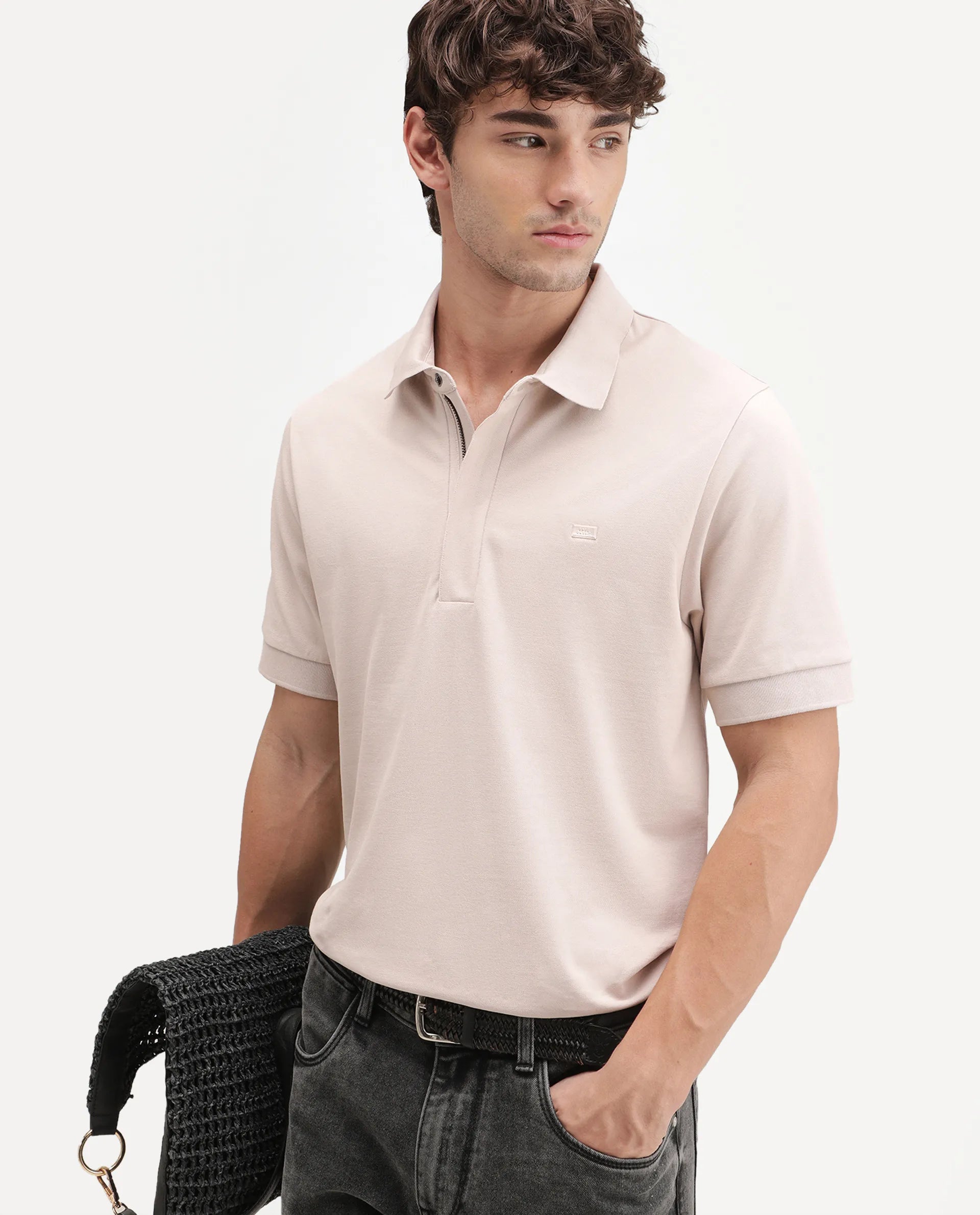 Rare Rabbit Men's Salis-A26 Light Beige Cotton Blend Spread Collar Regular Plain Polo