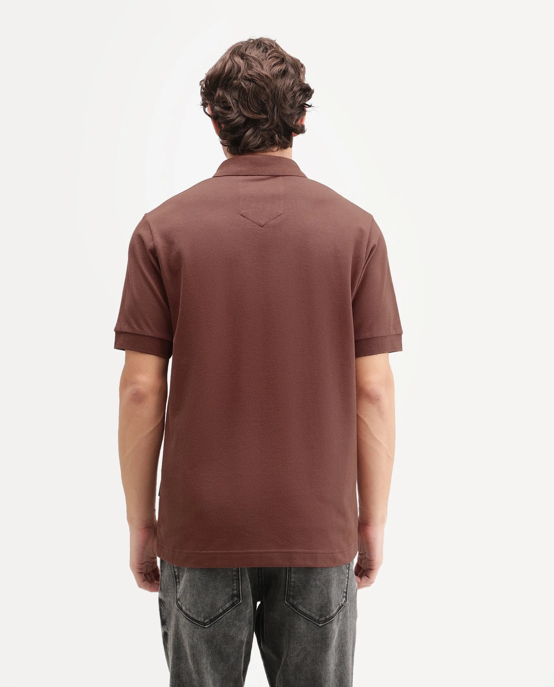 Rare Rabbit Men's Salis-A26 Dark Rust Cotton Blend Spread Collar Regular Plain Polo