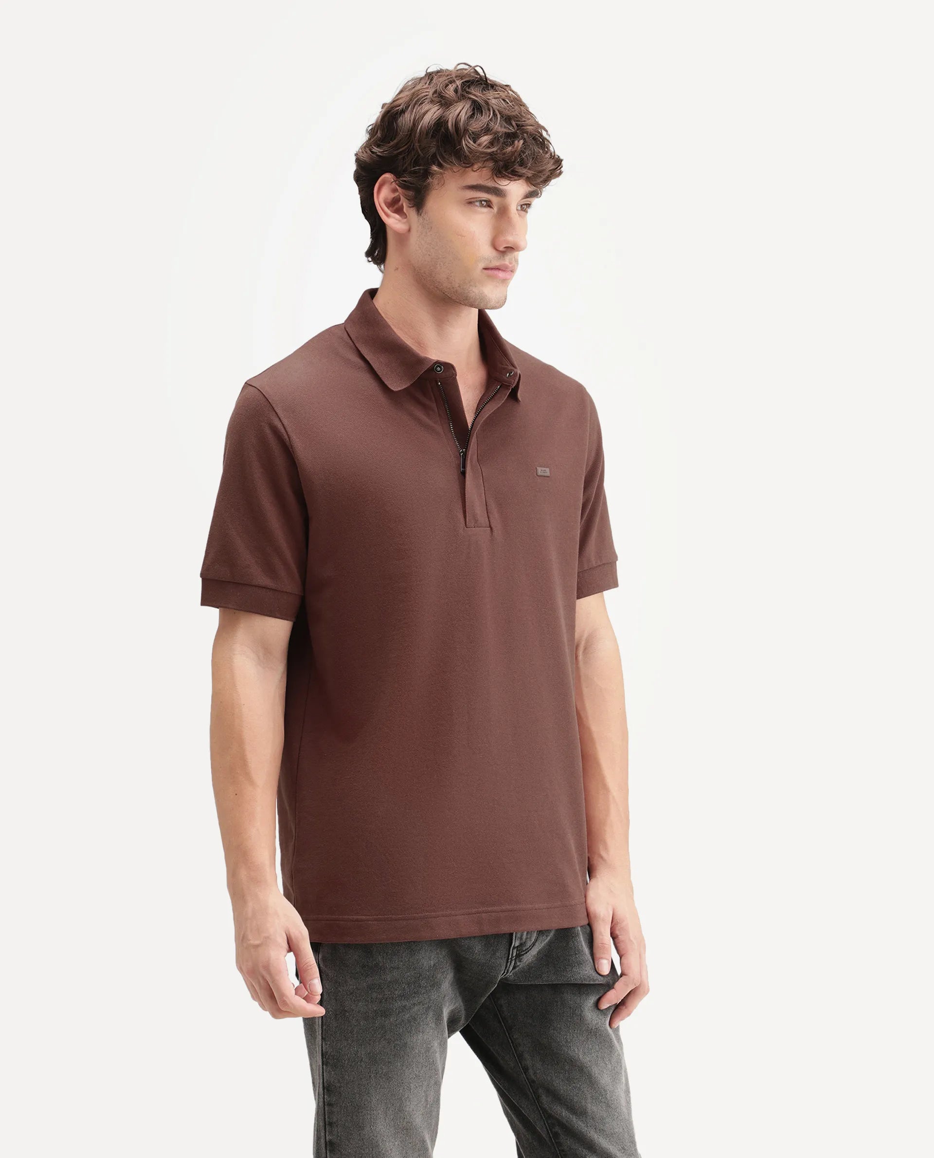 Rare Rabbit Men's Salis-A26 Dark Rust Cotton Blend Spread Collar Regular Plain Polo