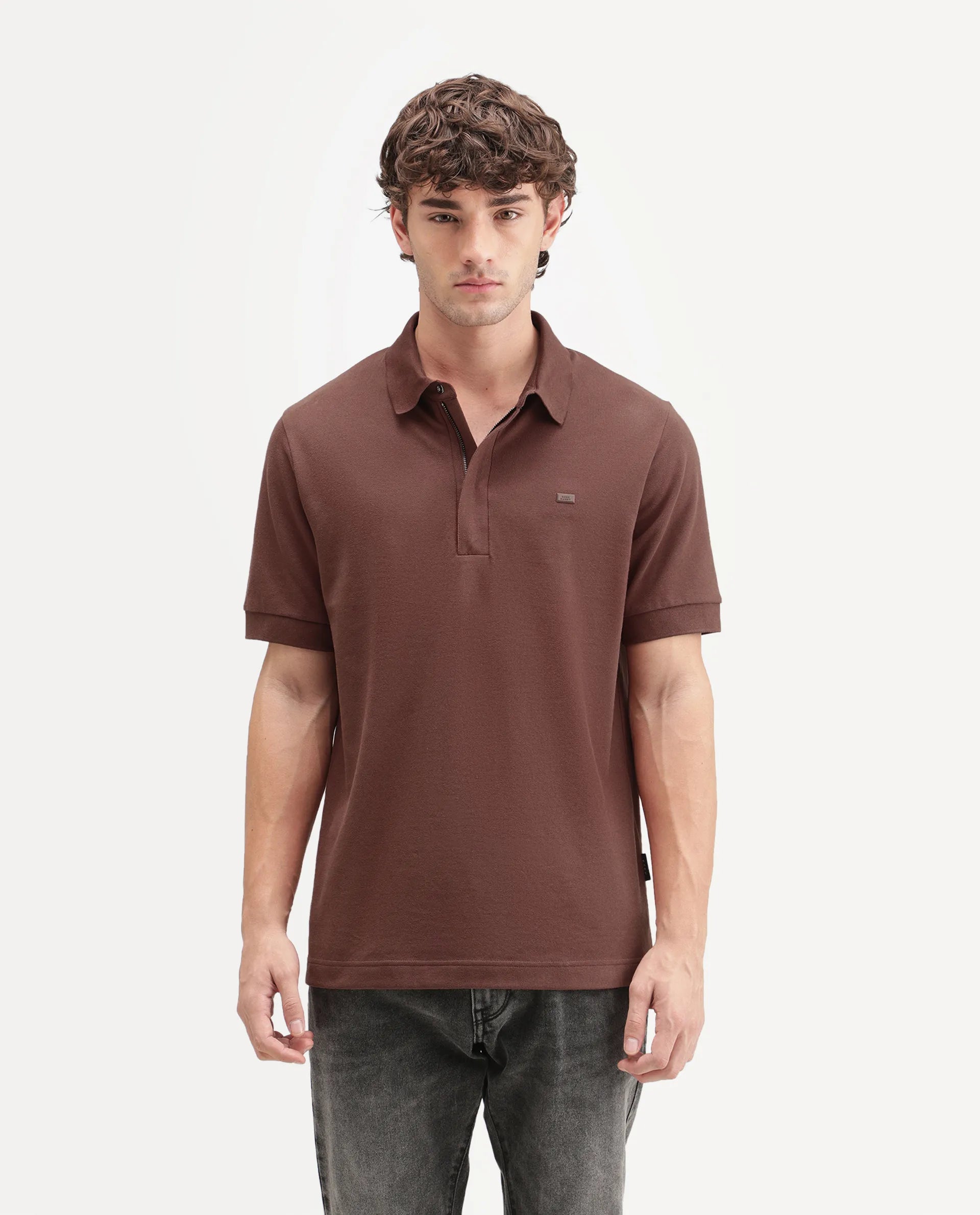 Rare Rabbit Men's Salis-A26 Dark Rust Cotton Blend Spread Collar Regular Plain Polo