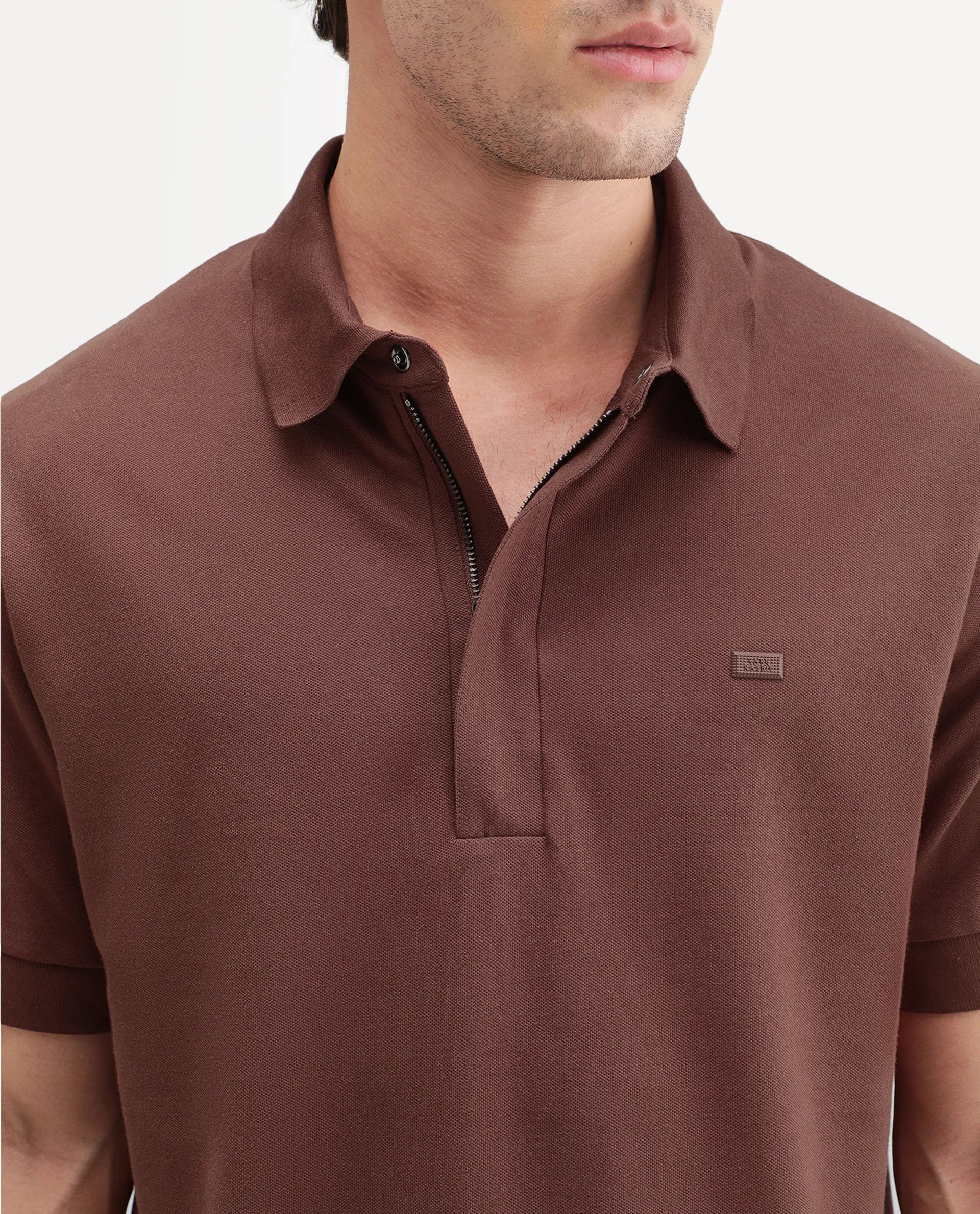 Rare Rabbit Men's Salis-A26 Dark Rust Cotton Blend Spread Collar Regular Plain Polo