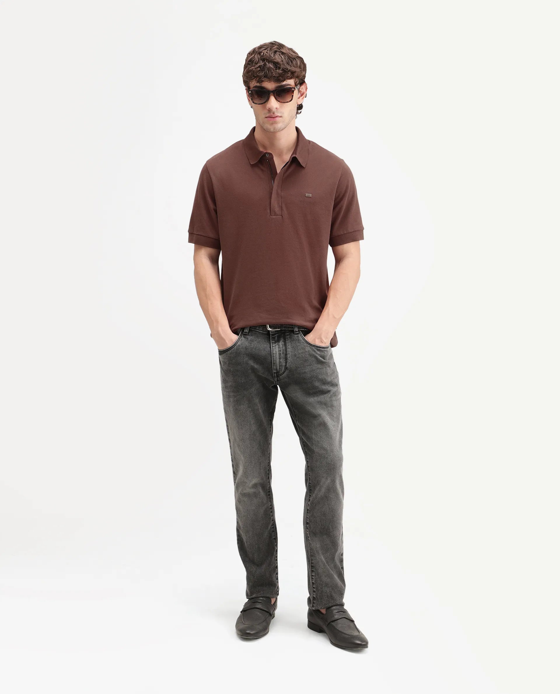 Rare Rabbit Men's Salis-A26 Dark Rust Cotton Blend Spread Collar Regular Plain Polo