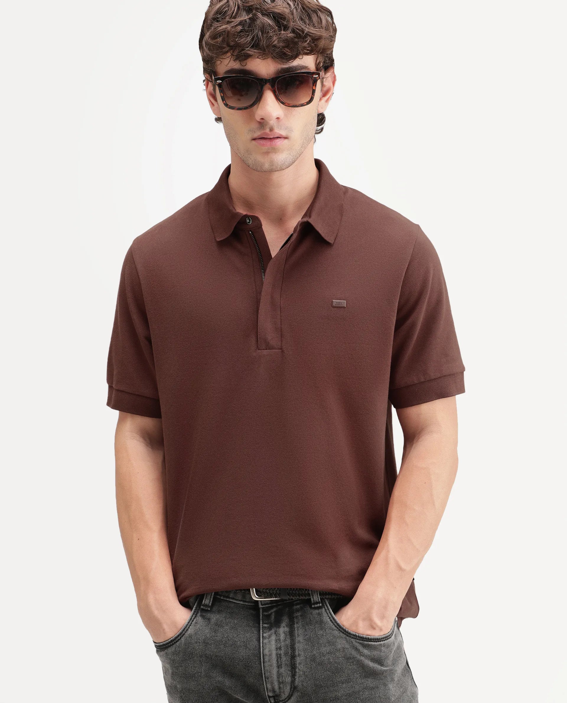 Rare Rabbit Men's Salis-A26 Dark Rust Cotton Blend Spread Collar Regular Plain Polo
