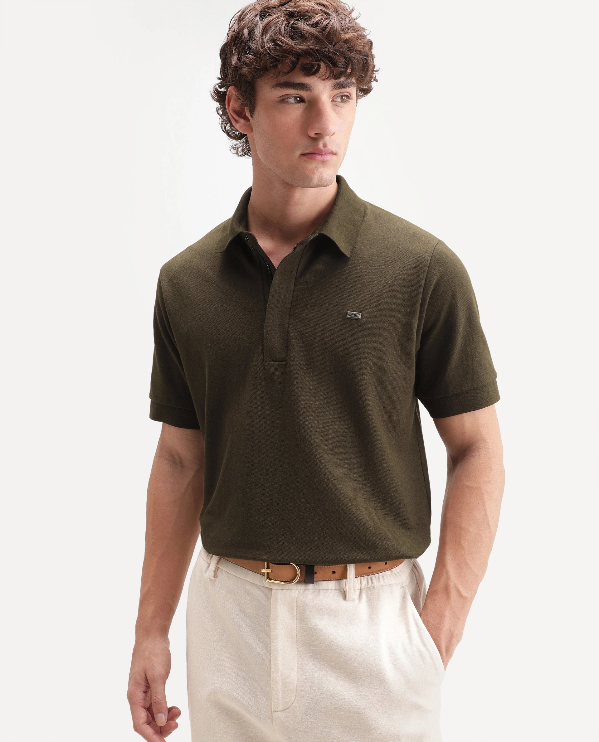 Rare Rabbit Men's Salis-A26 Olive Cotton Blend Spread Collar Regular Plain Polo