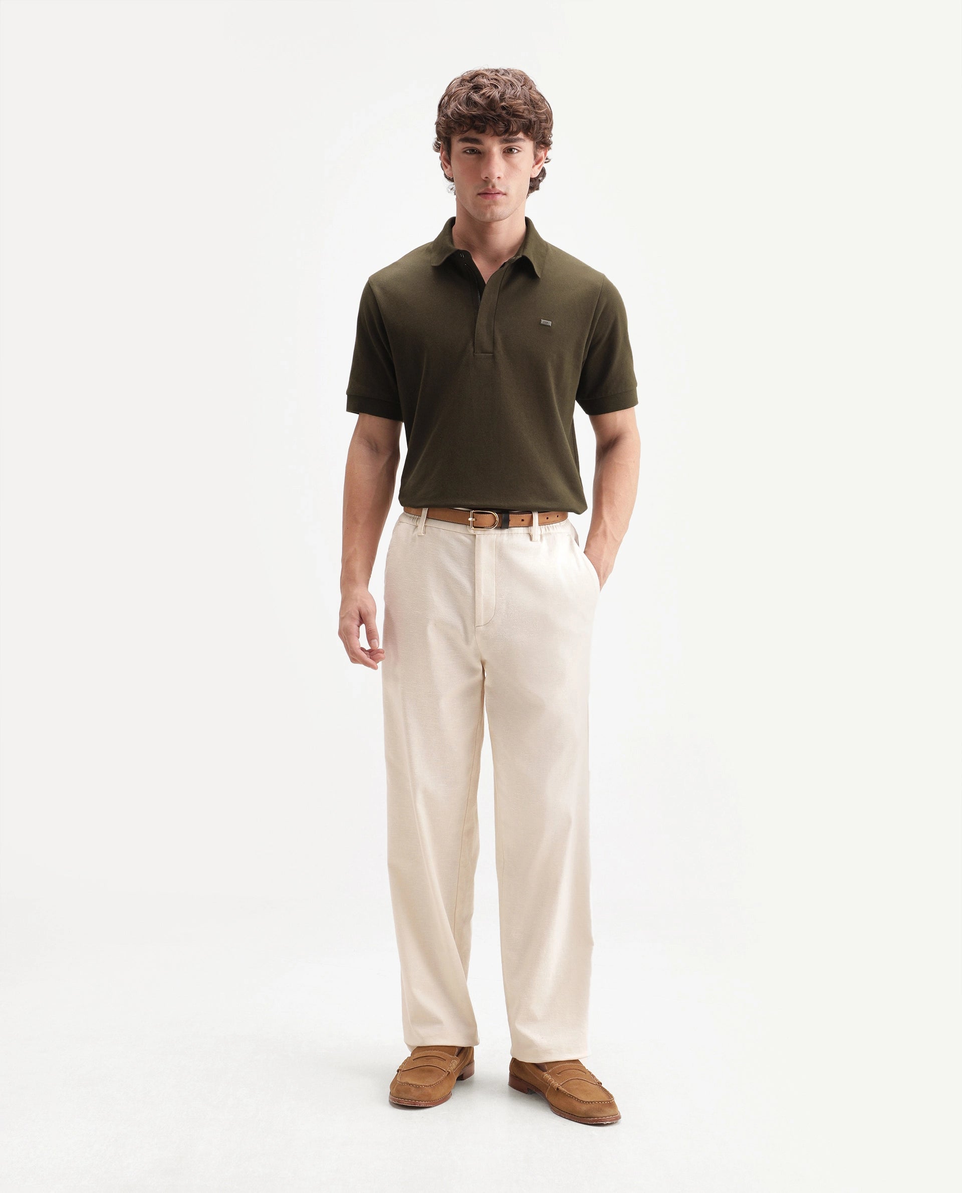 Rare Rabbit Men's Salis-A26 Olive Cotton Blend Spread Collar Regular Plain Polo