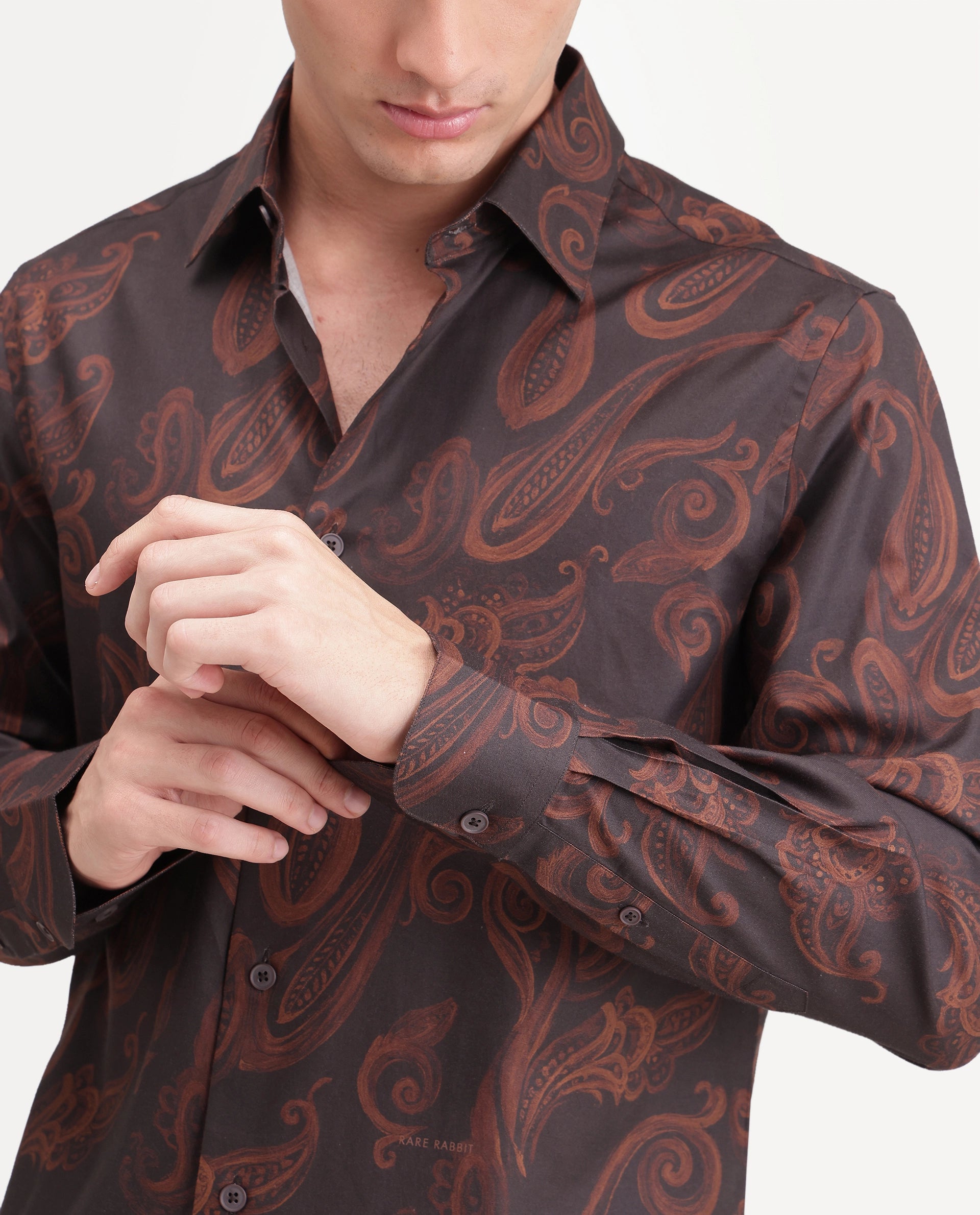 Rare Rabbit Men's True Dark Brown Cotton Blend Spread Collar Regular Paisley Print Shirt