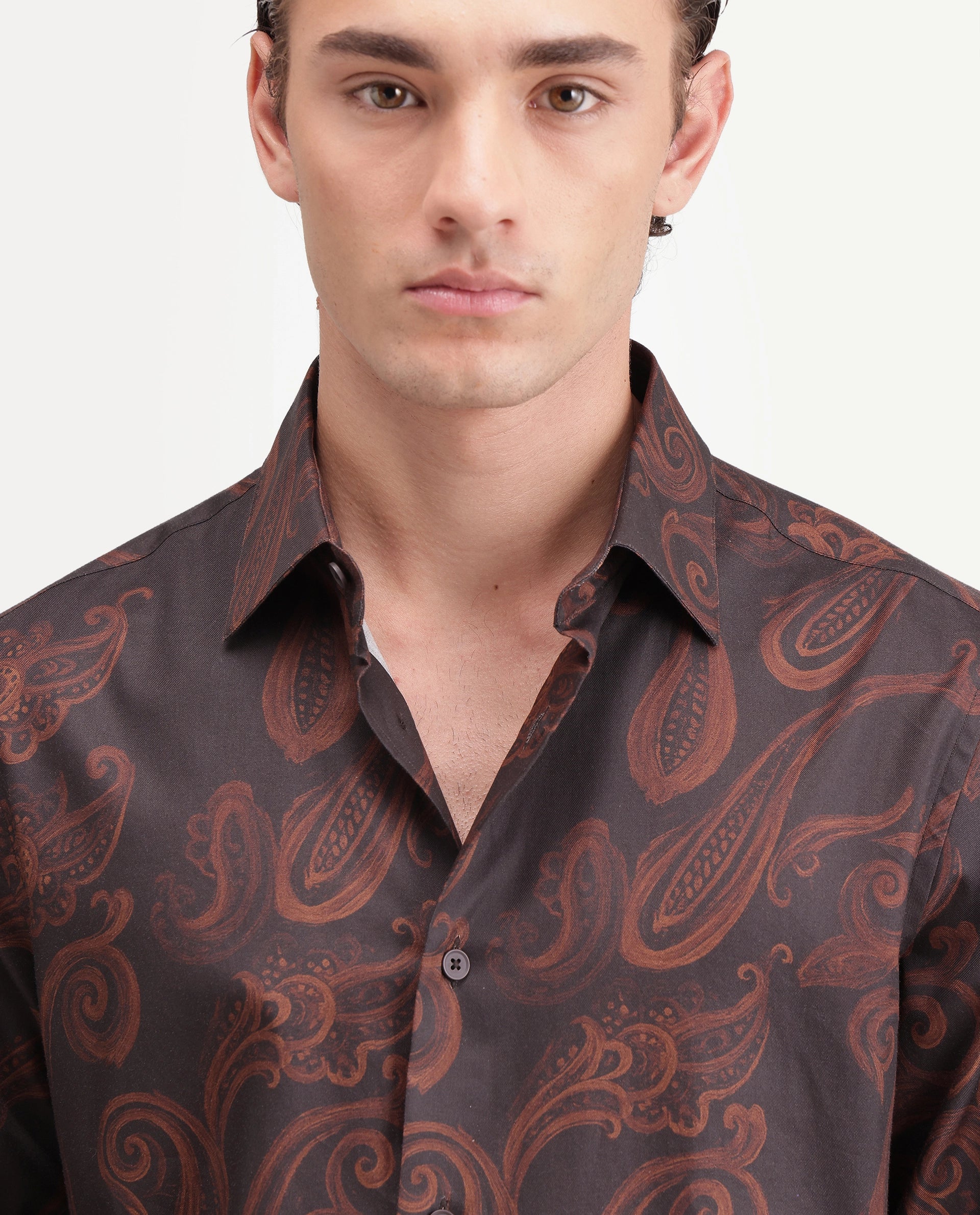 Rare Rabbit Men's True Dark Brown Cotton Blend Spread Collar Regular Paisley Print Shirt