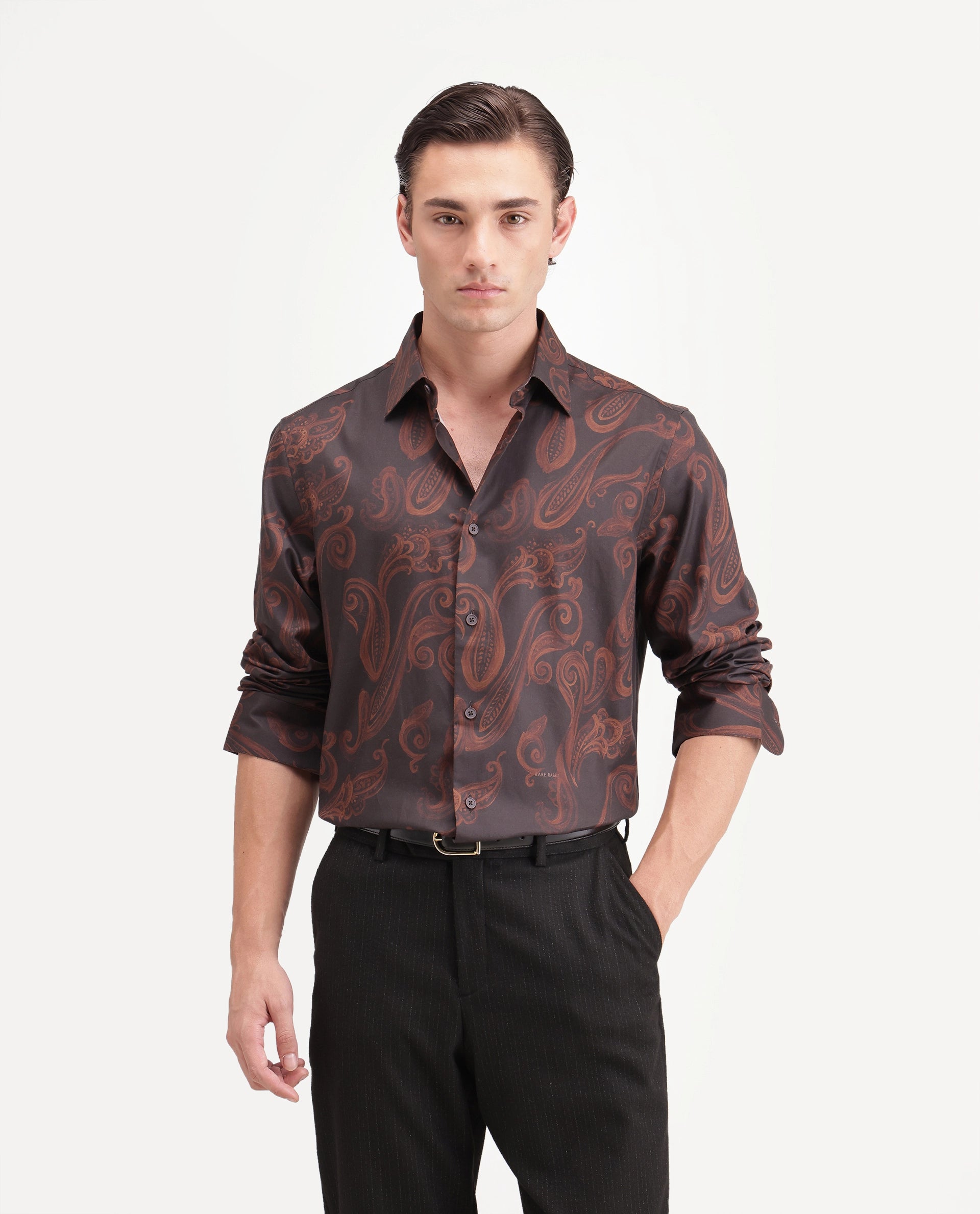Rare Rabbit Men's True Dark Brown Cotton Blend Spread Collar Regular Paisley Print Shirt