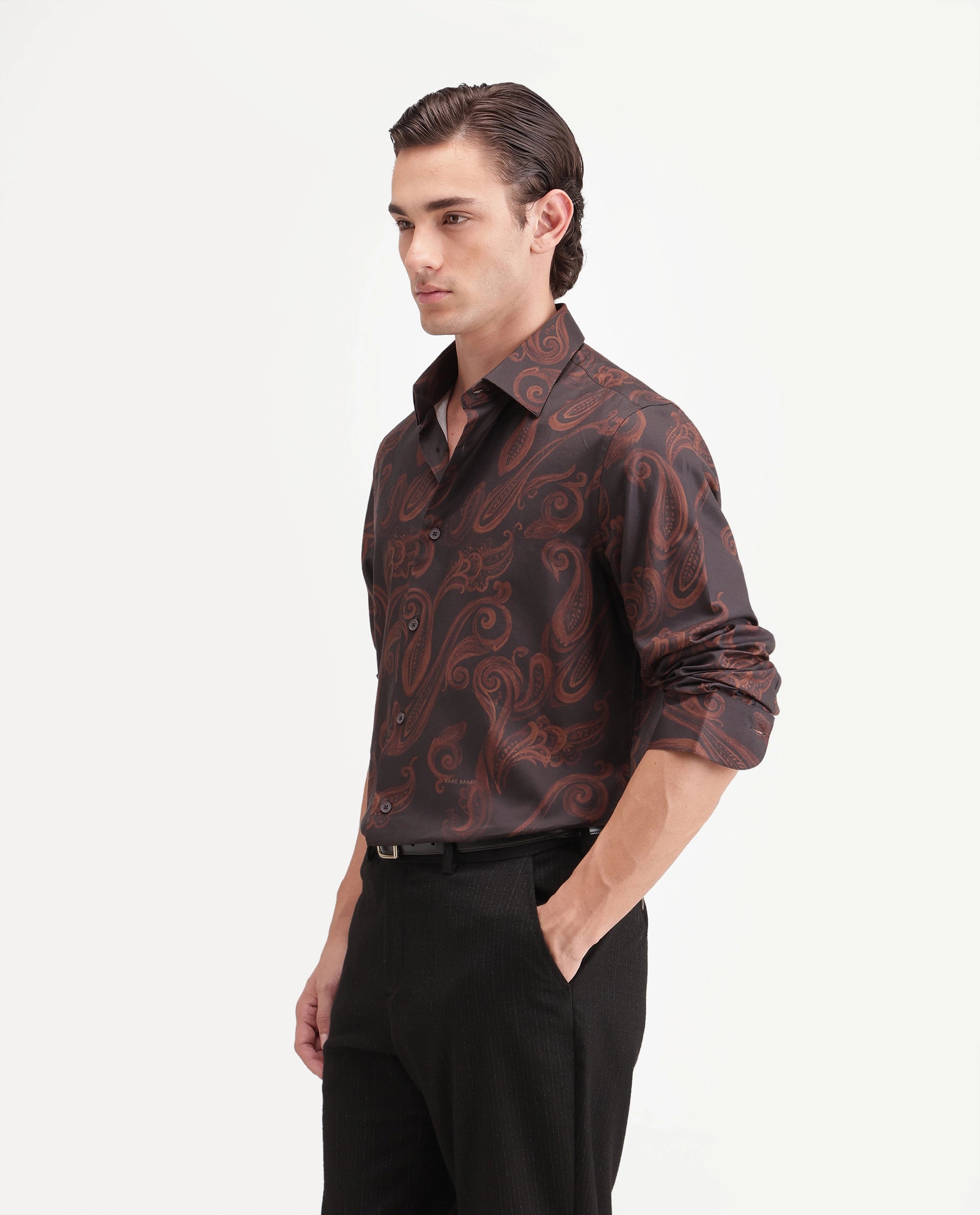 Rare Rabbit Men's True Dark Brown Cotton Blend Spread Collar Regular Paisley Print Shirt