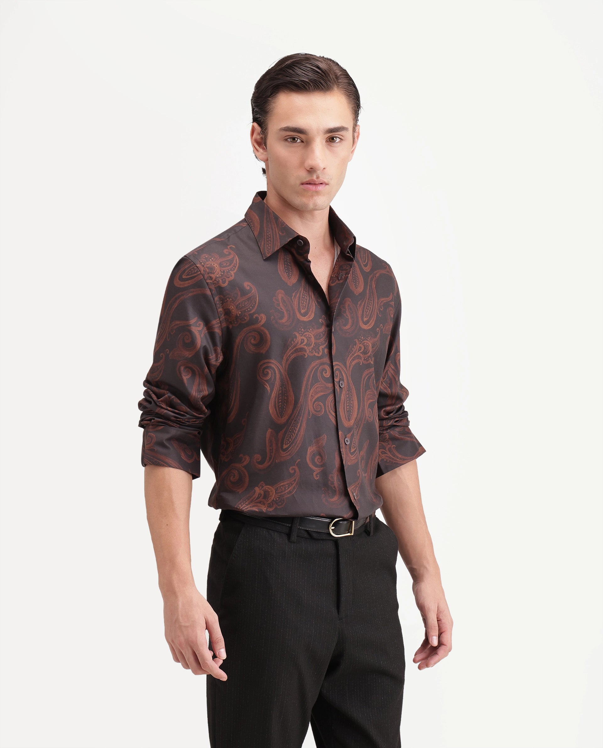 Rare Rabbit Men's True Dark Brown Cotton Blend Spread Collar Regular Paisley Print Shirt
