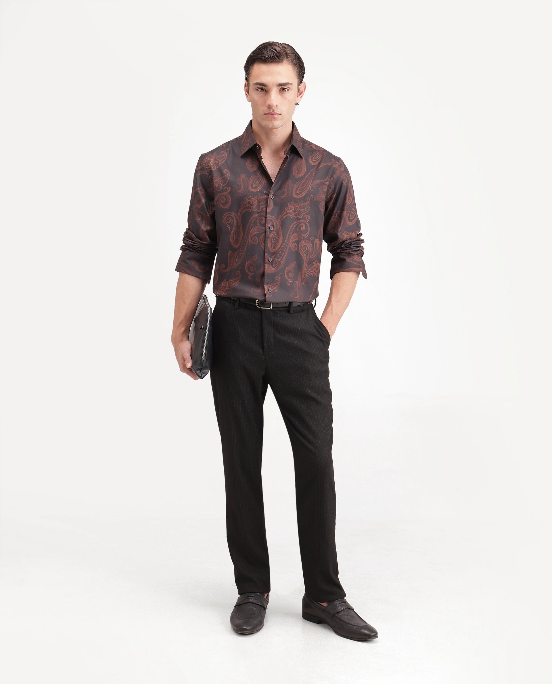 Rare Rabbit Men's True Dark Brown Cotton Blend Spread Collar Regular Paisley Print Shirt