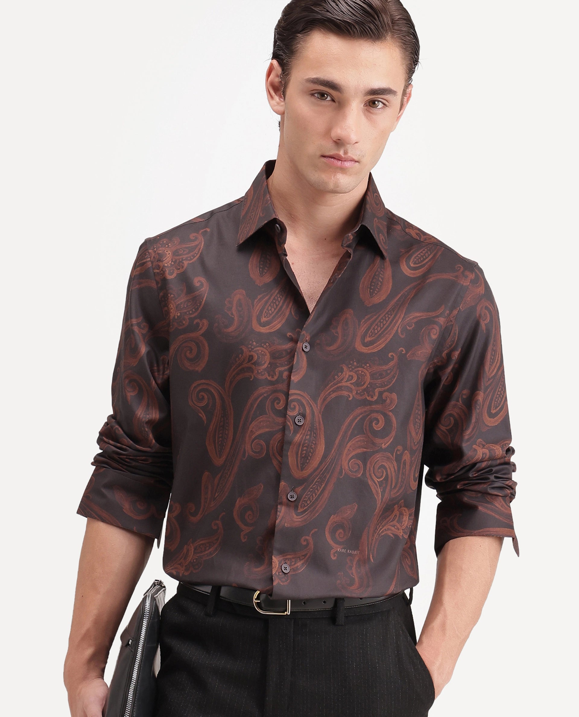 Rare Rabbit Men's True Dark Brown Cotton Blend Spread Collar Regular Paisley Print Shirt