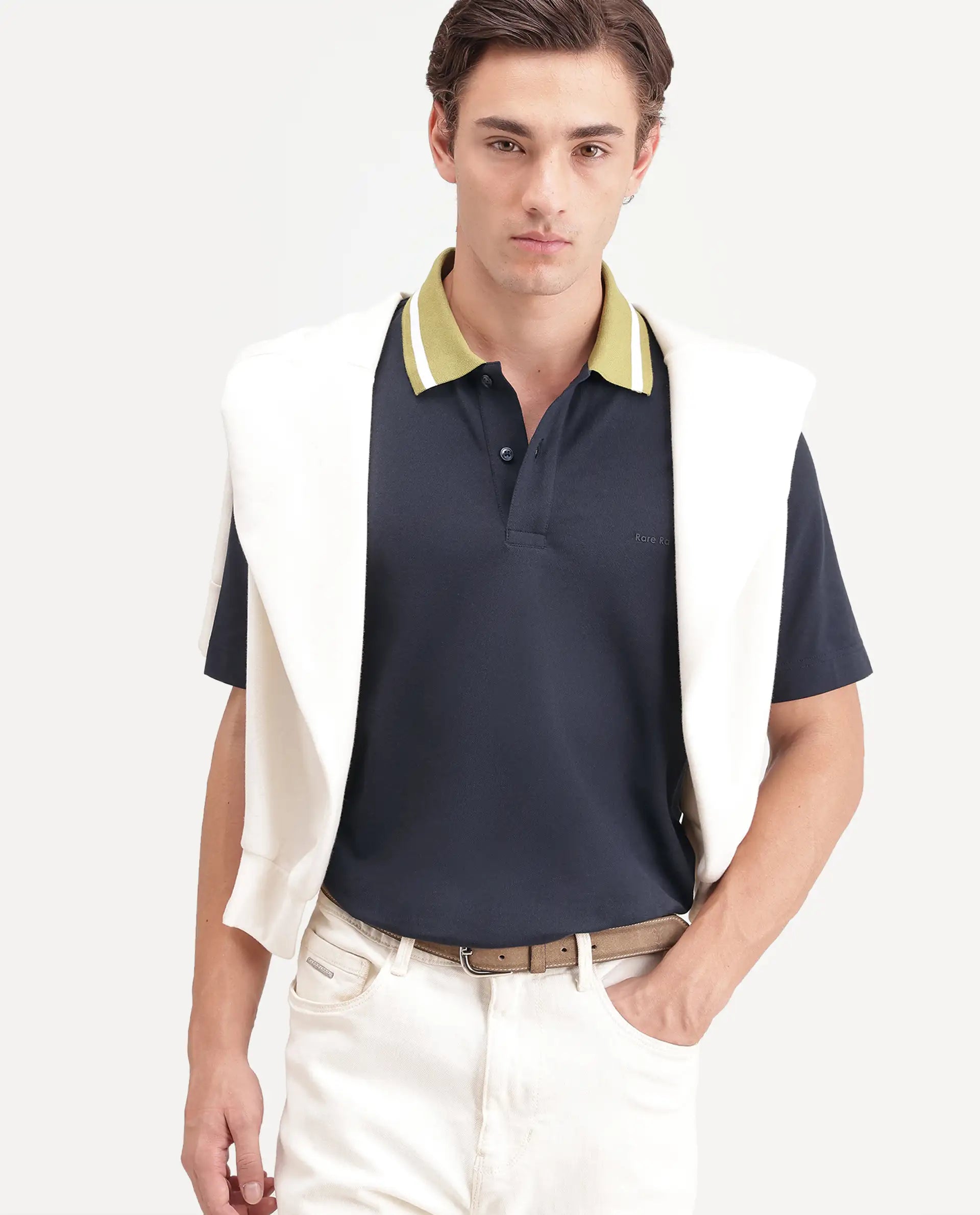 Rare Rabbit Men's Meson Navy Cotton Blend Spread Collar Regular Plain Polo
