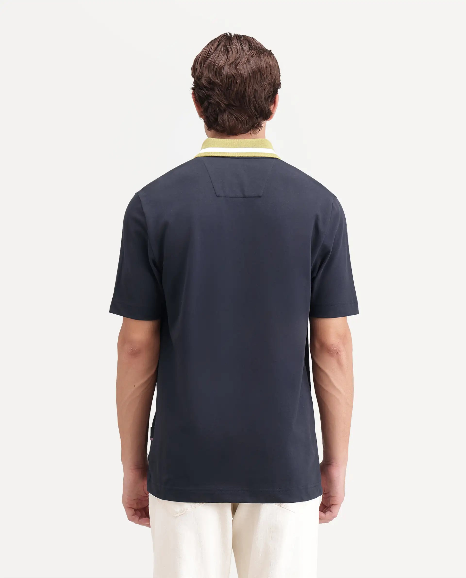 Rare Rabbit Men's Meson Navy Cotton Blend Spread Collar Regular Plain Polo