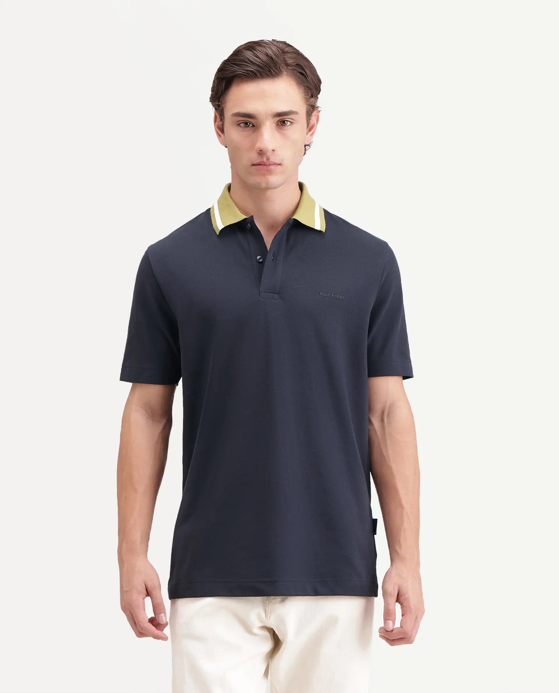 Rare Rabbit Men's Meson Navy Cotton Blend Spread Collar Regular Plain Polo
