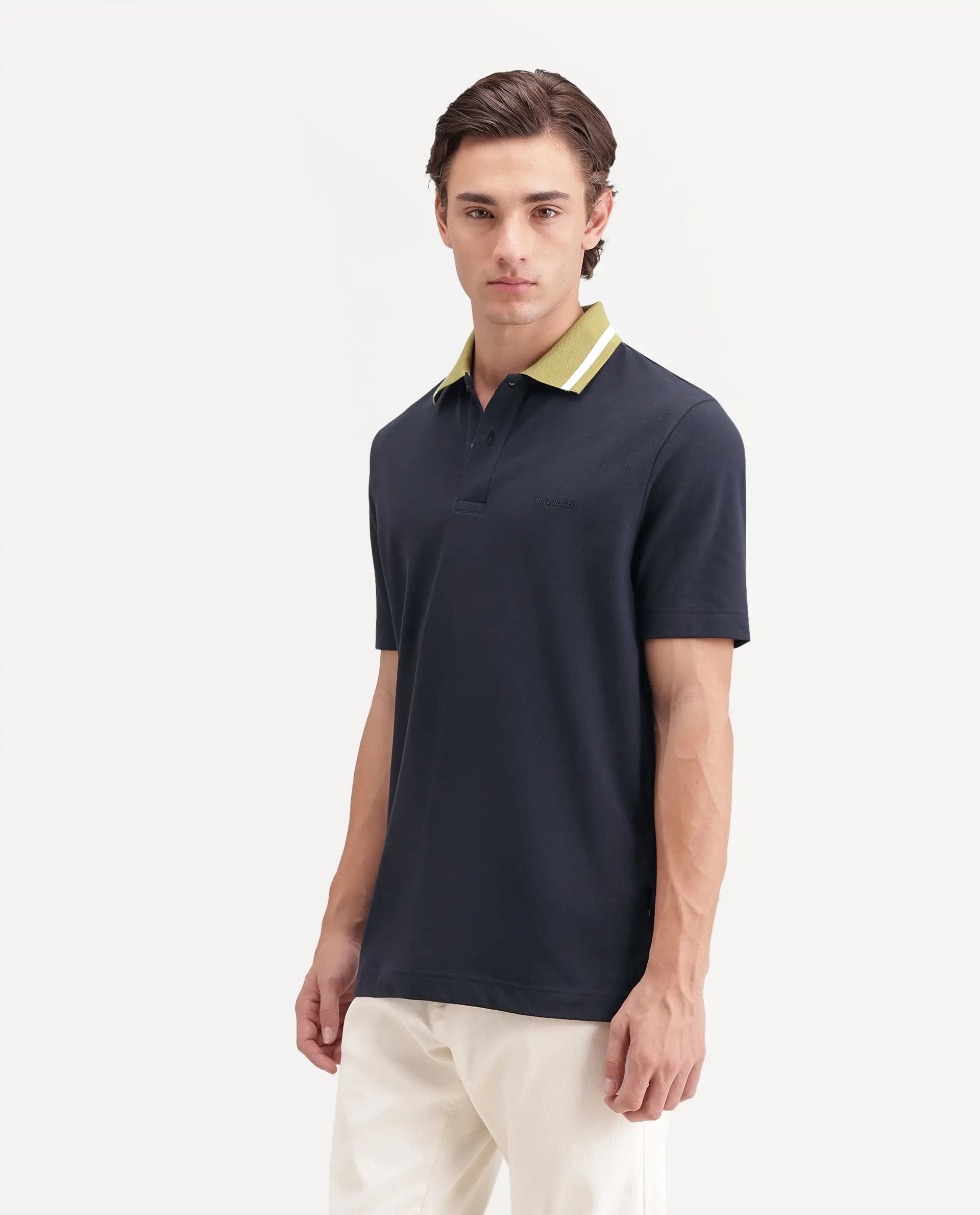 Rare Rabbit Men's Meson Navy Cotton Blend Spread Collar Regular Plain Polo