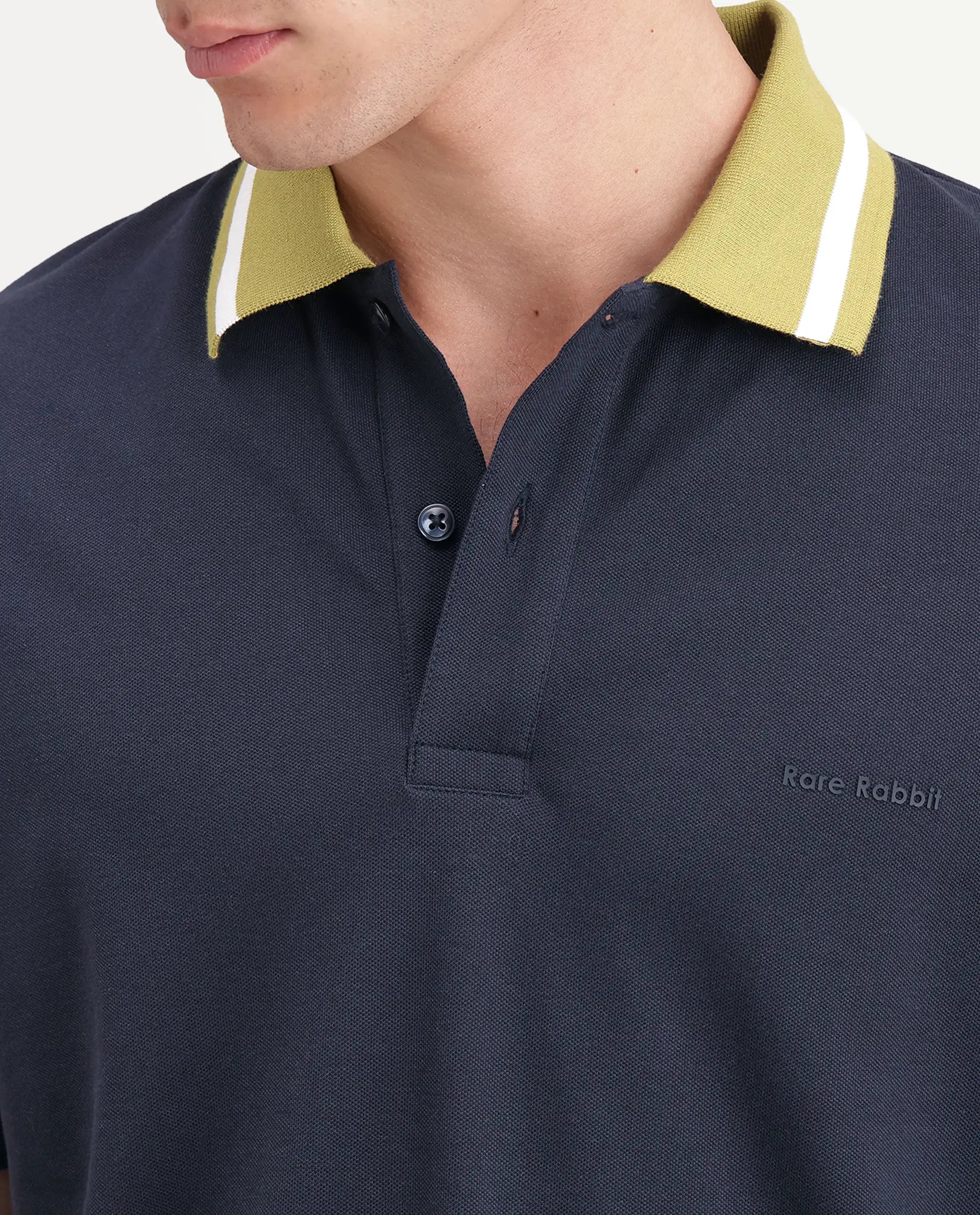 Rare Rabbit Men's Meson Navy Cotton Blend Spread Collar Regular Plain Polo
