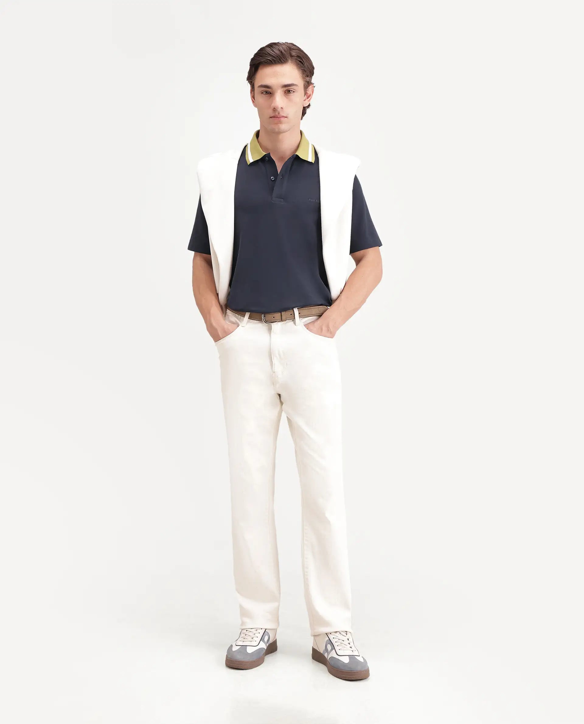 Rare Rabbit Men's Meson Navy Cotton Blend Spread Collar Regular Plain Polo