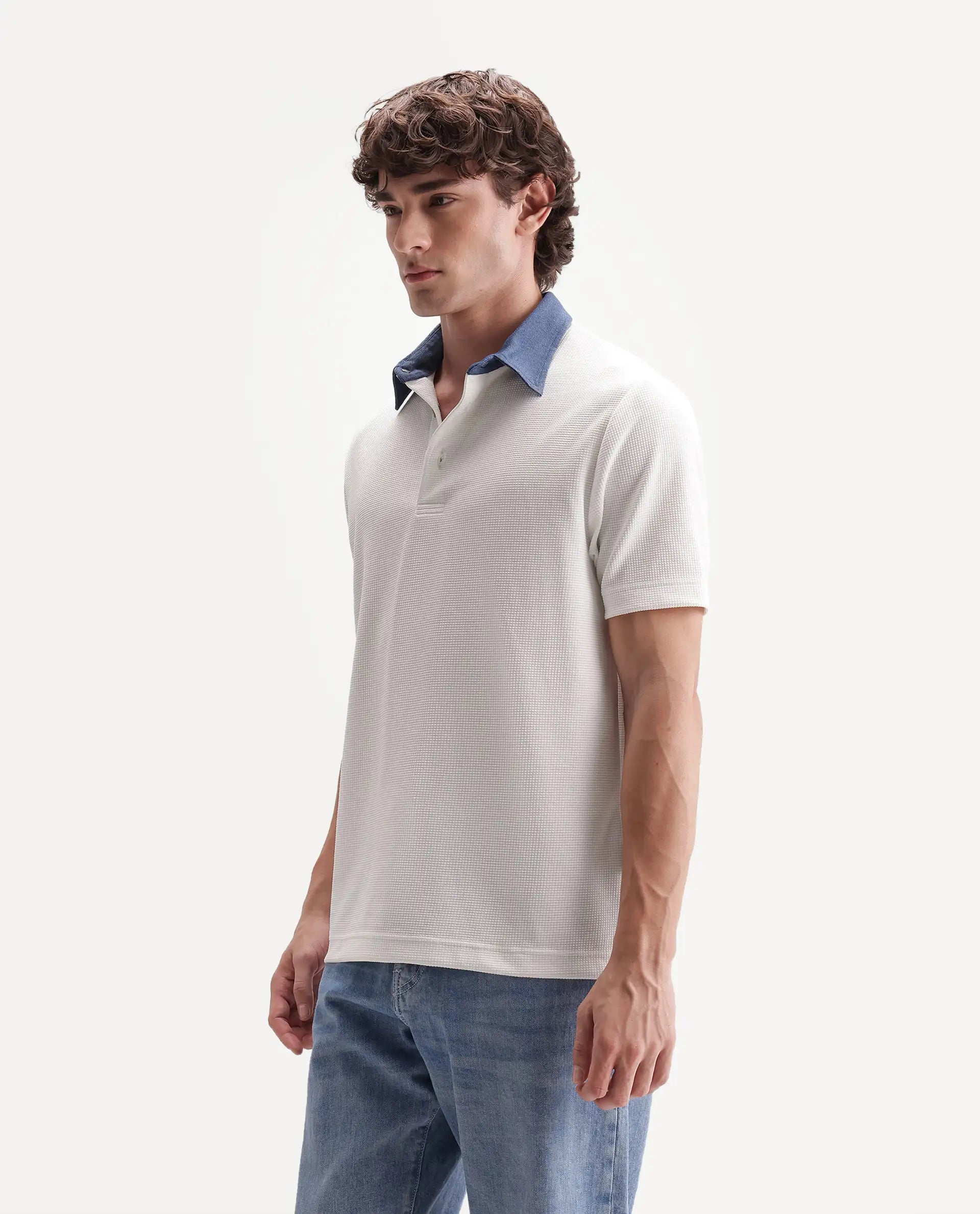 Rare Rabbit Men's Plano White Polyester Blend Spread Collar Regular Plain Polo