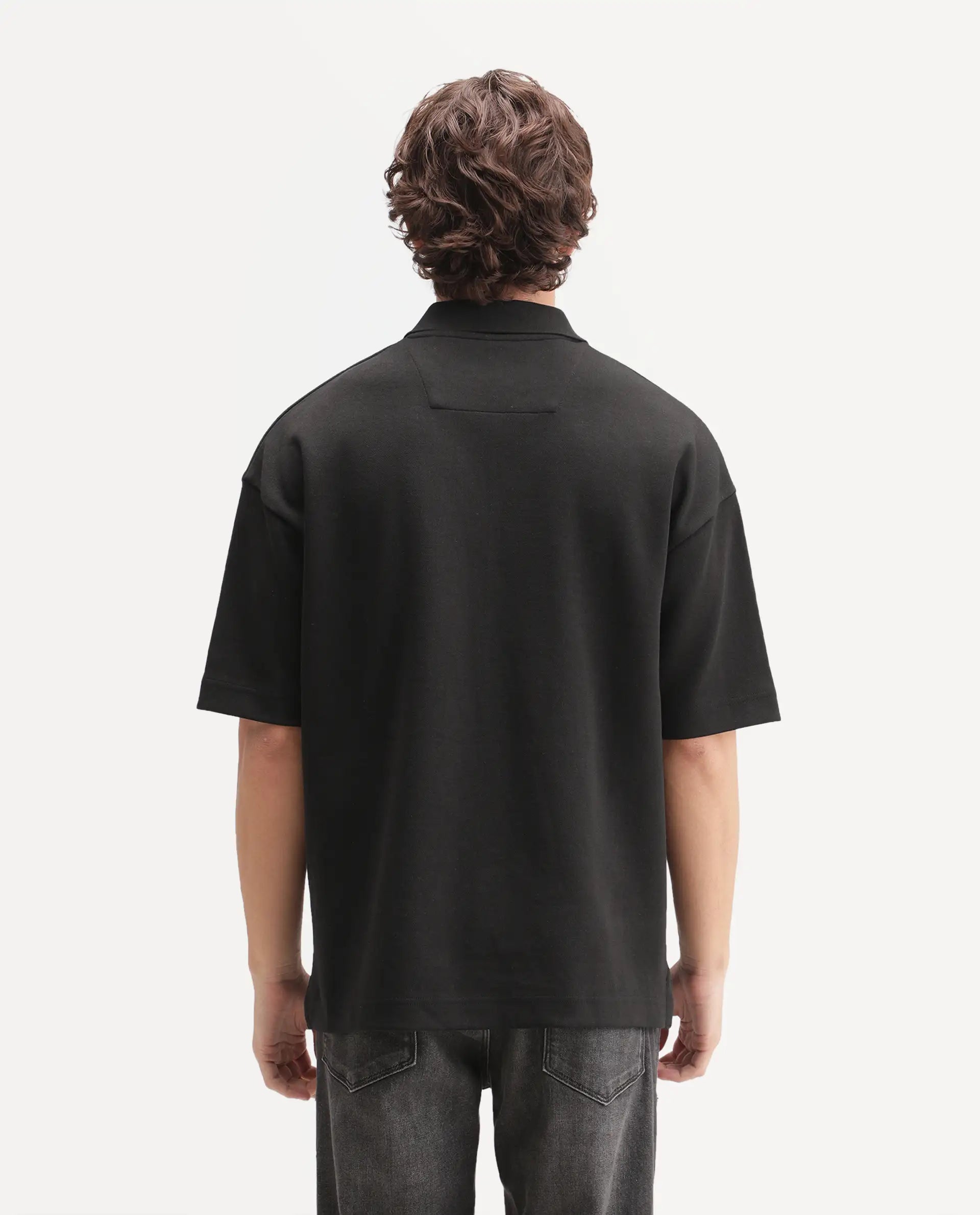 Rare Rabbit Men's Kenq Black Cotton Blend Spread Collar Regular Plain Polo