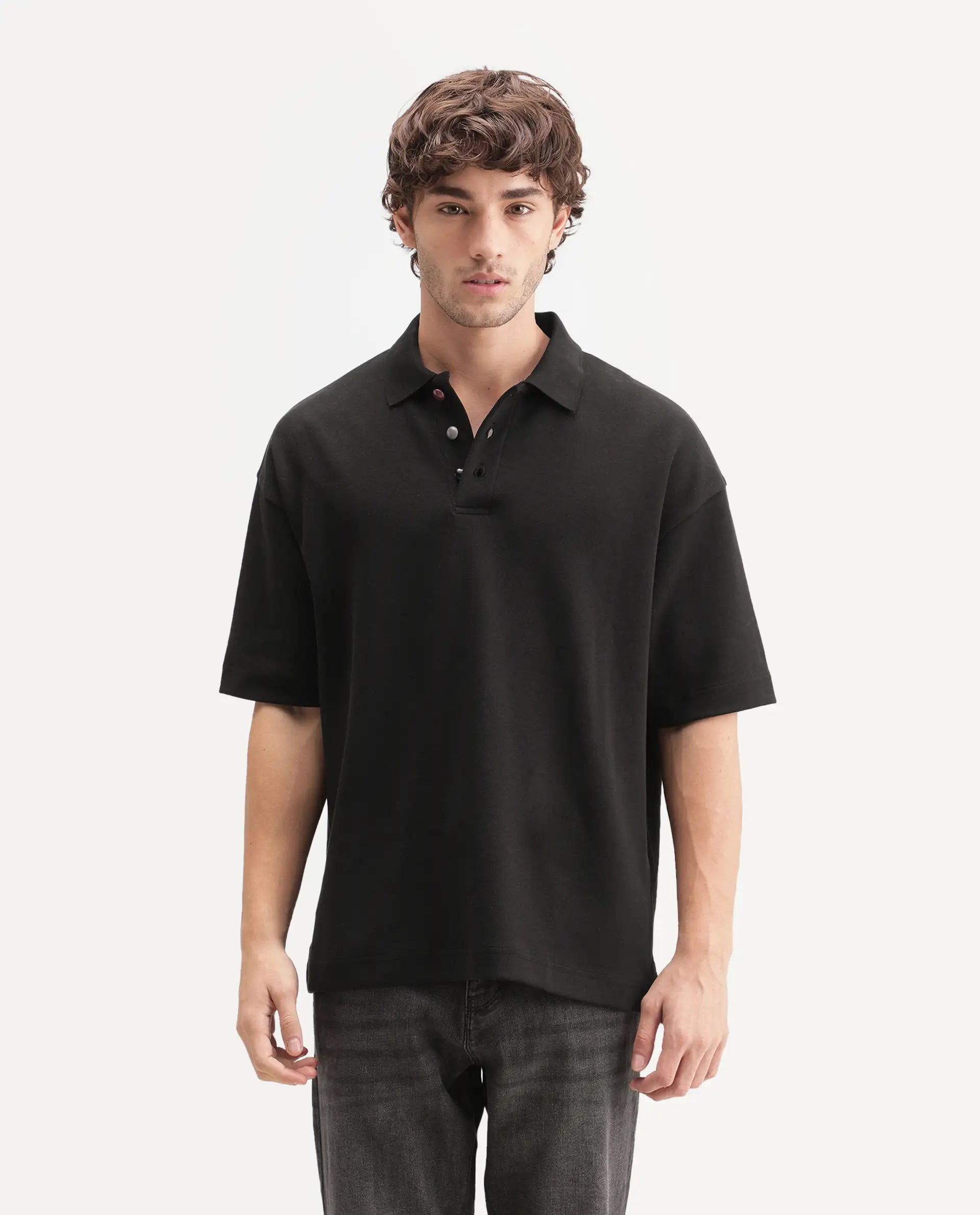 Rare Rabbit Men's Kenq Black Cotton Blend Spread Collar Regular Plain Polo