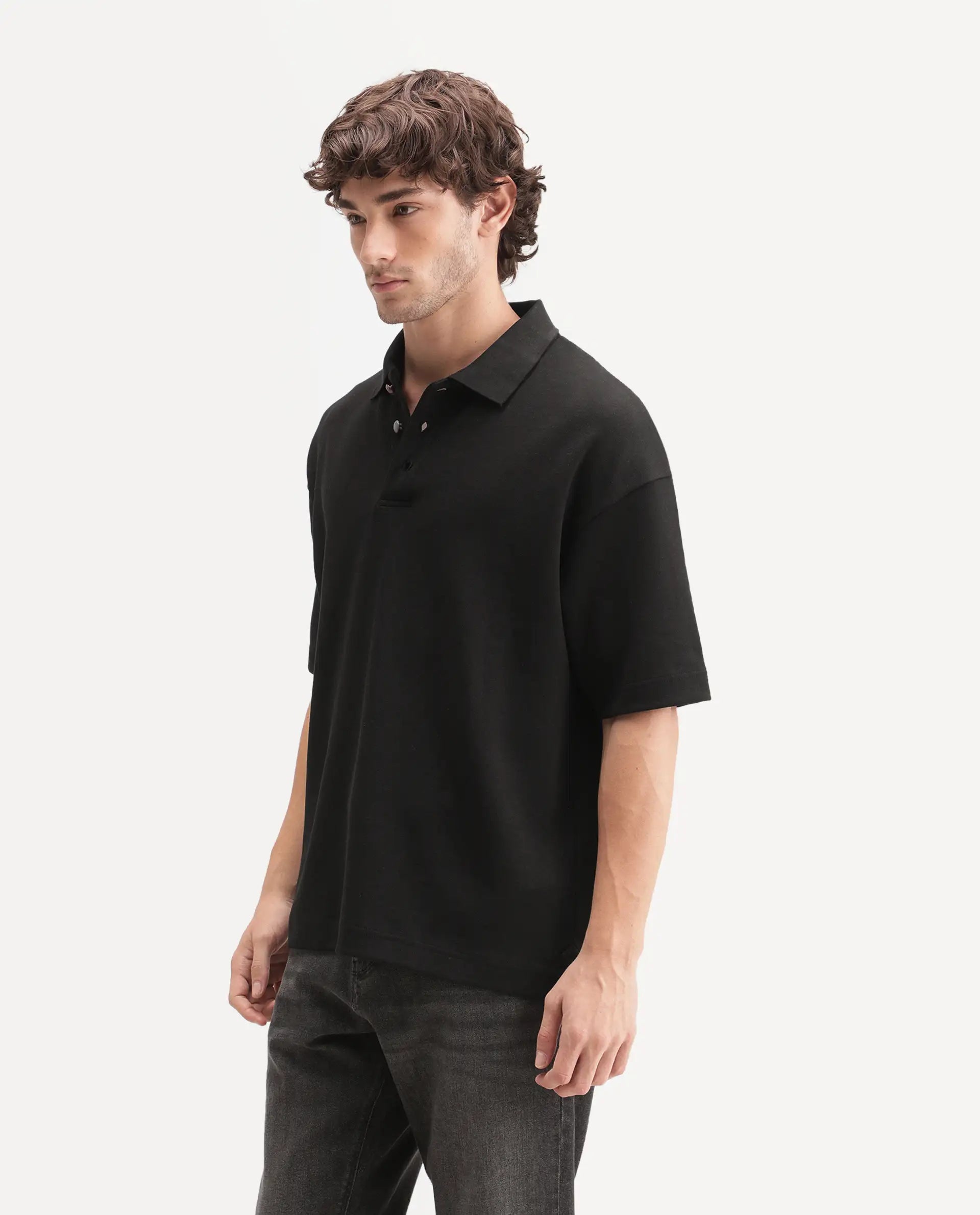 Rare Rabbit Men's Kenq Black Cotton Blend Spread Collar Regular Plain Polo