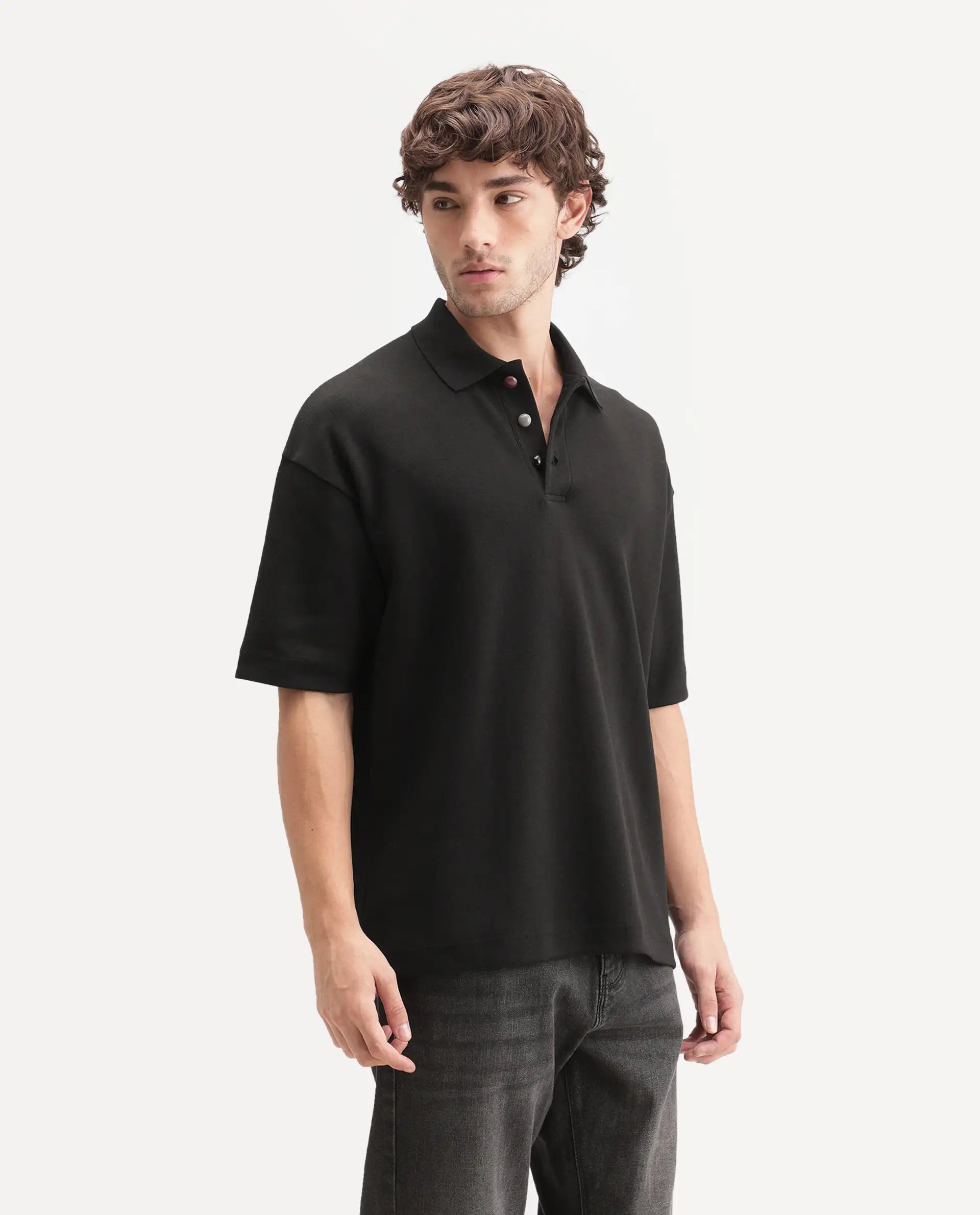 Rare Rabbit Men's Kenq Black Cotton Blend Spread Collar Regular Plain Polo