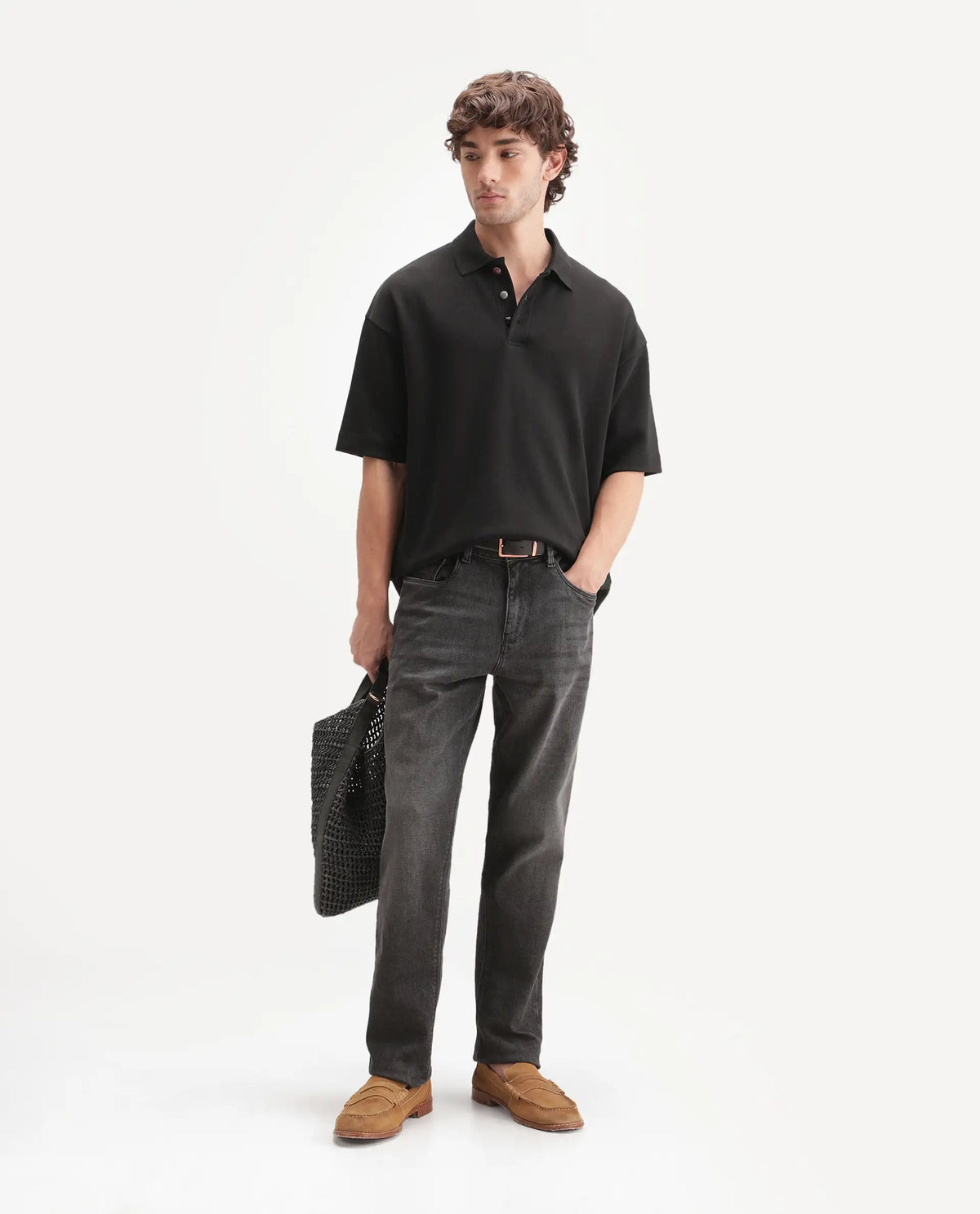 Rare Rabbit Men's Kenq Black Cotton Blend Spread Collar Regular Plain Polo