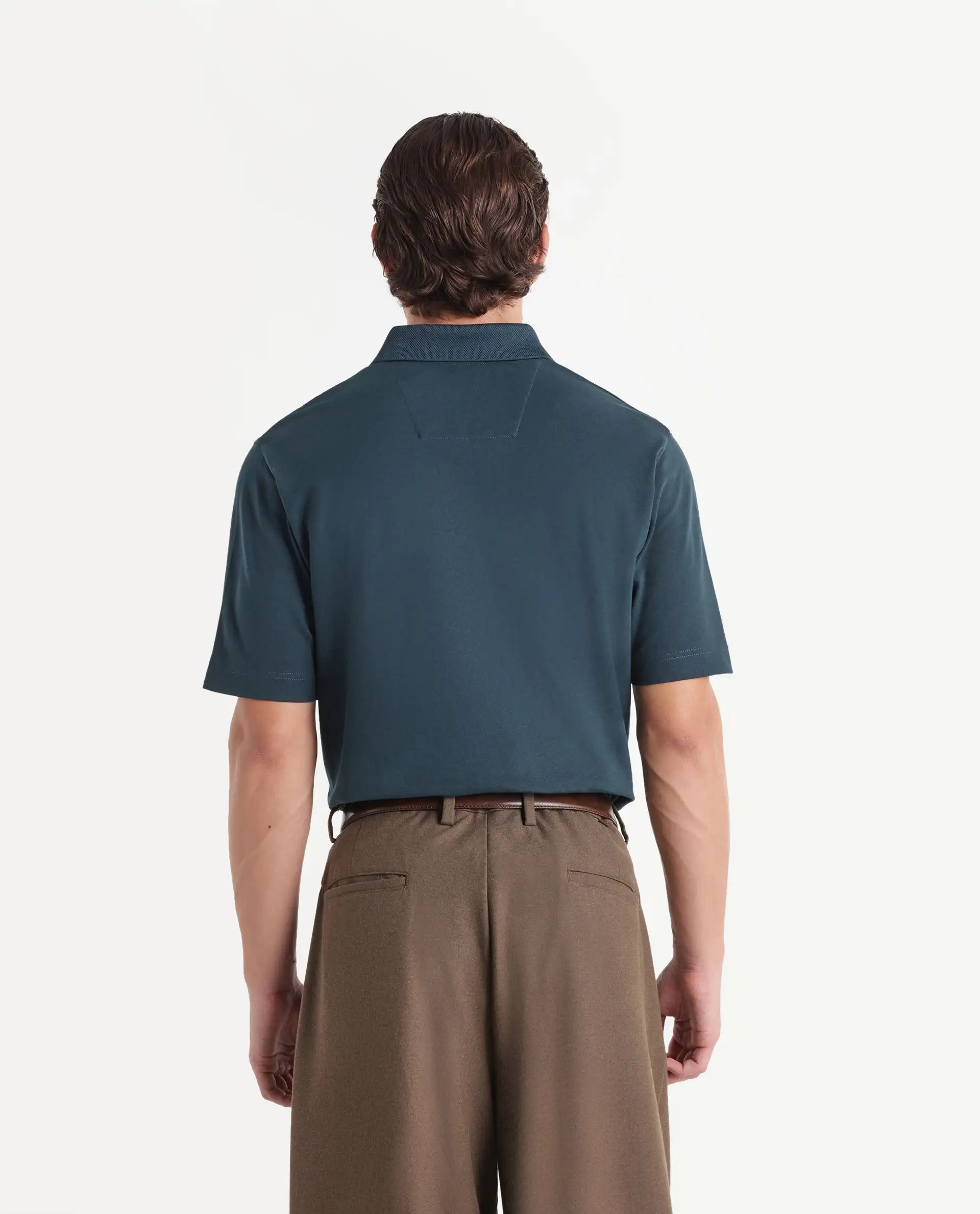 Rare Rabbit Men's Hin-A26 Dark Teal Cotton Blend Spread Collar Regular Plain Polo