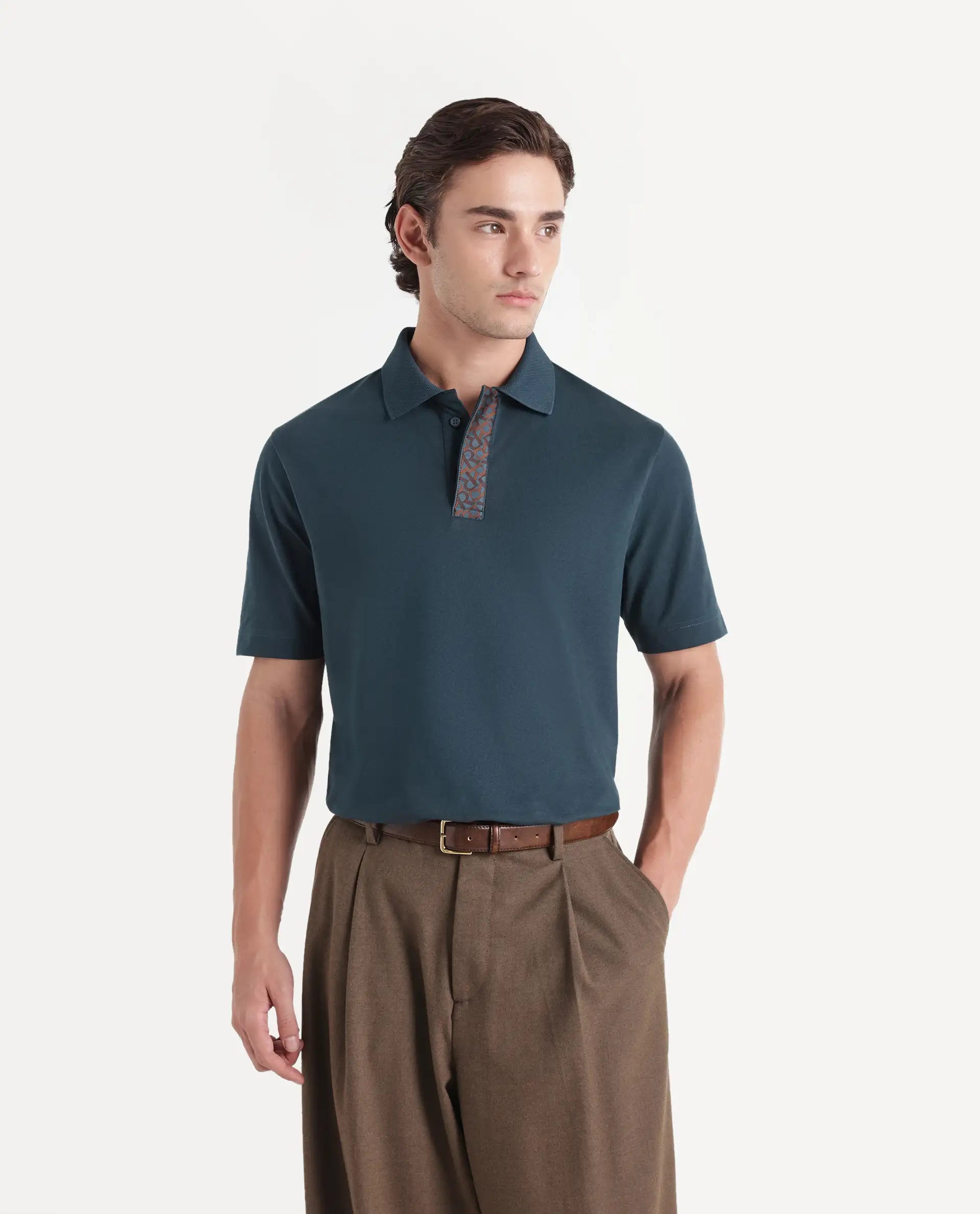 Rare Rabbit Men's Hin-A26 Dark Teal Cotton Blend Spread Collar Regular Plain Polo