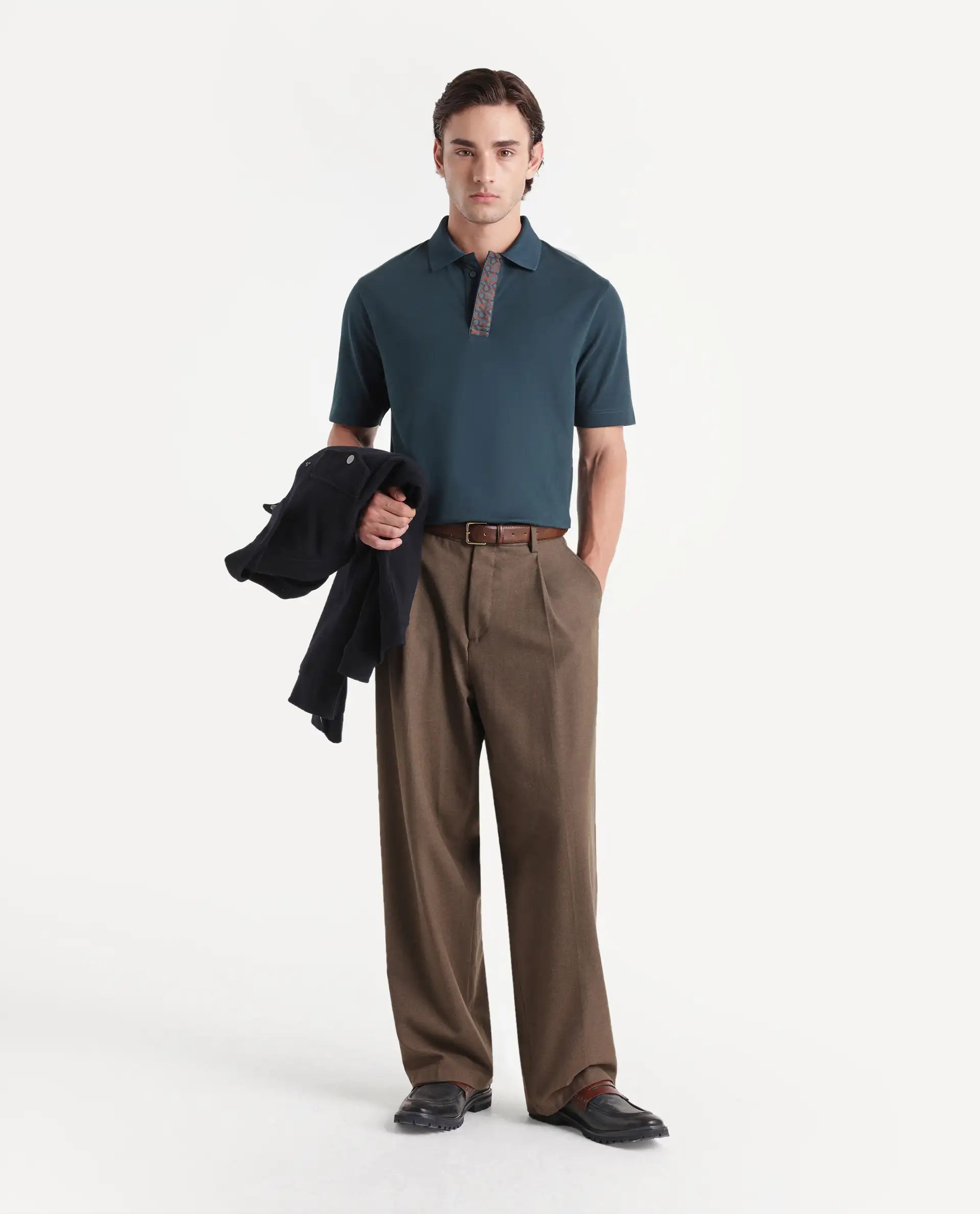 Rare Rabbit Men's Hin-A26 Dark Teal Cotton Blend Spread Collar Regular Plain Polo