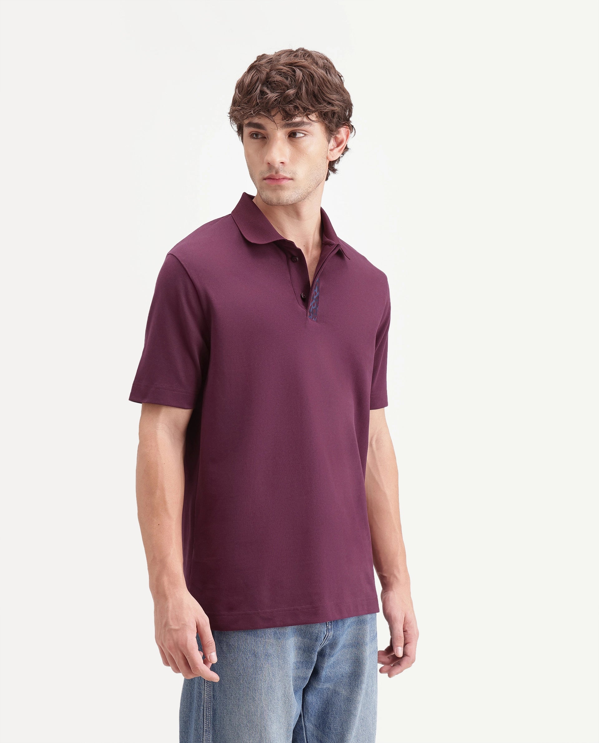 Rare Rabbit Men's Hin-A26 Dark Red Cotton Blend Spread Collar Regular Plain Polo