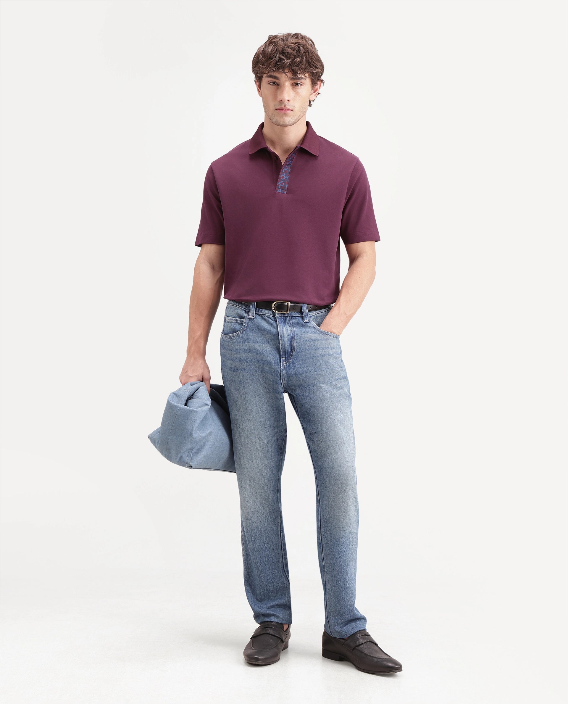 Rare Rabbit Men's Hin-A26 Dark Red Cotton Blend Spread Collar Regular Plain Polo