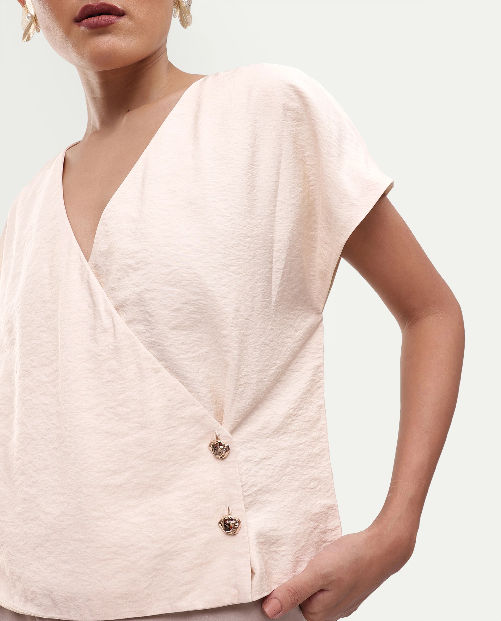 Rareism Women's Gena Beige Viscose Blend Button Regular Fit Top