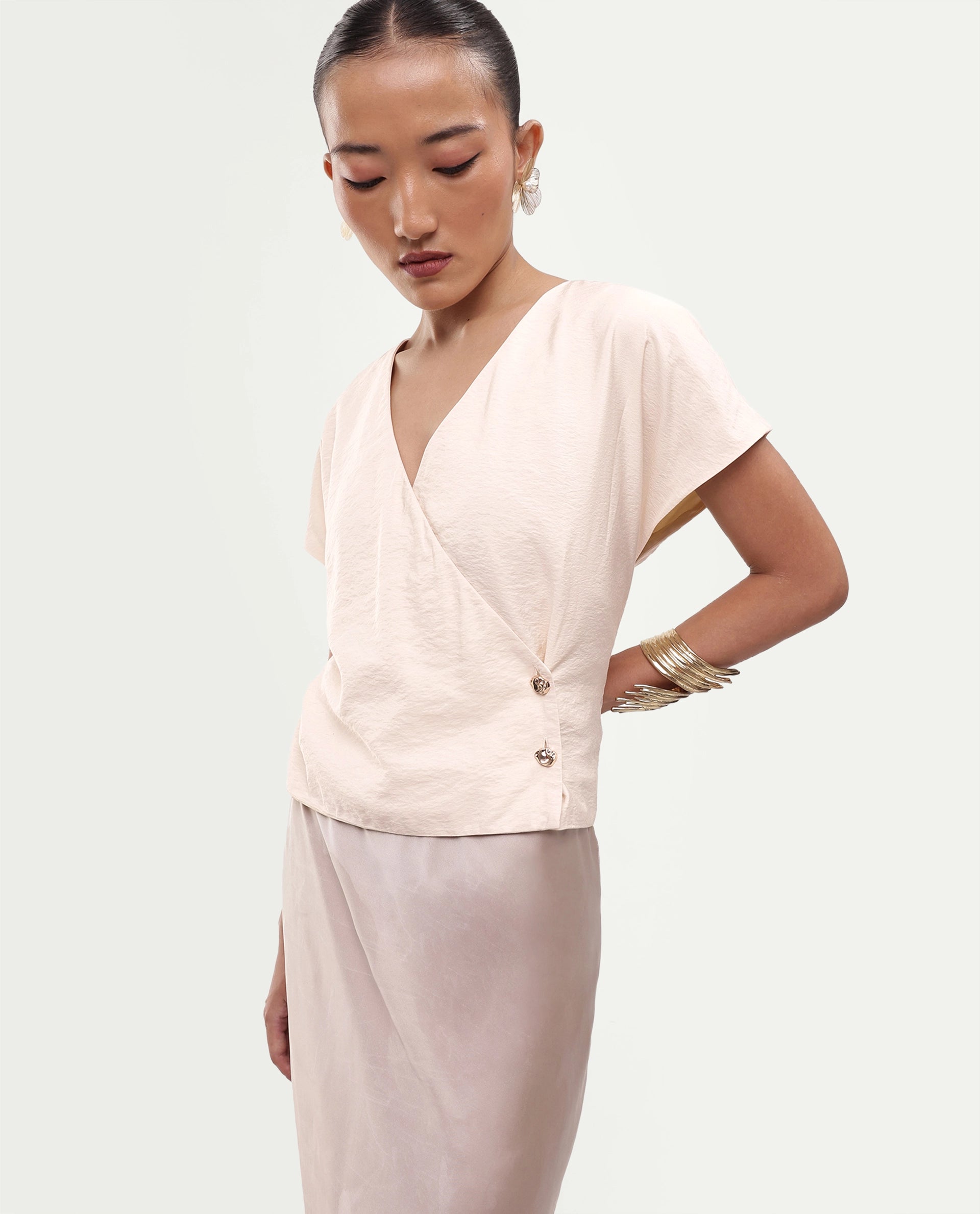 Rareism Women's Gena Beige Viscose Blend Button Regular Fit Top