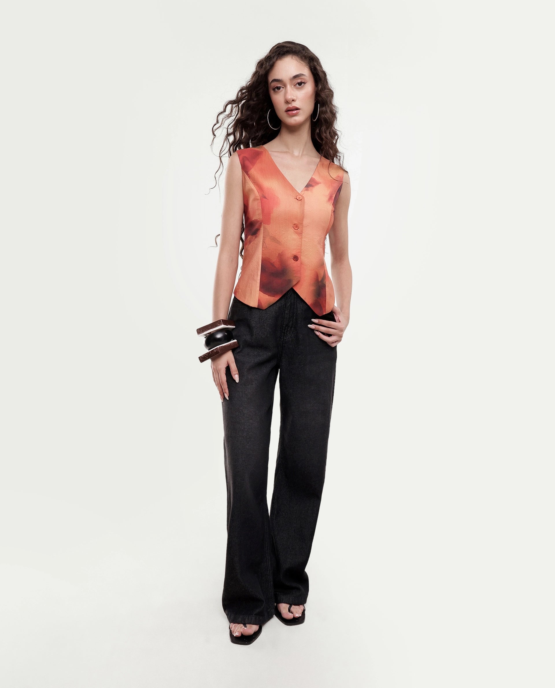 Rareism Women's Glyn-T Rust Polyester Blend Button Regular Fit Waist Coat